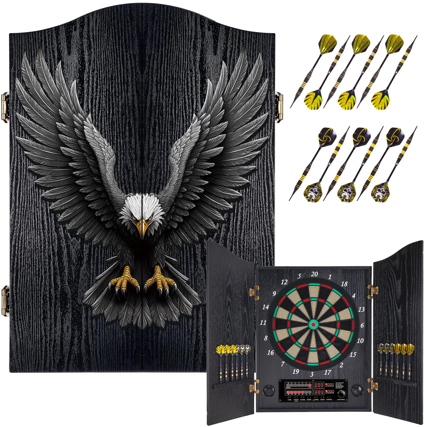 Dartscheibe Elektronisch, Dekoratives Elektronische Dartscheibe Schrank-Set [12 Bronze Soft-Tip Pfeile][Cricket-Spielmodus], Profi E Dart Scheibe mit Holzschranktüren - Vintage