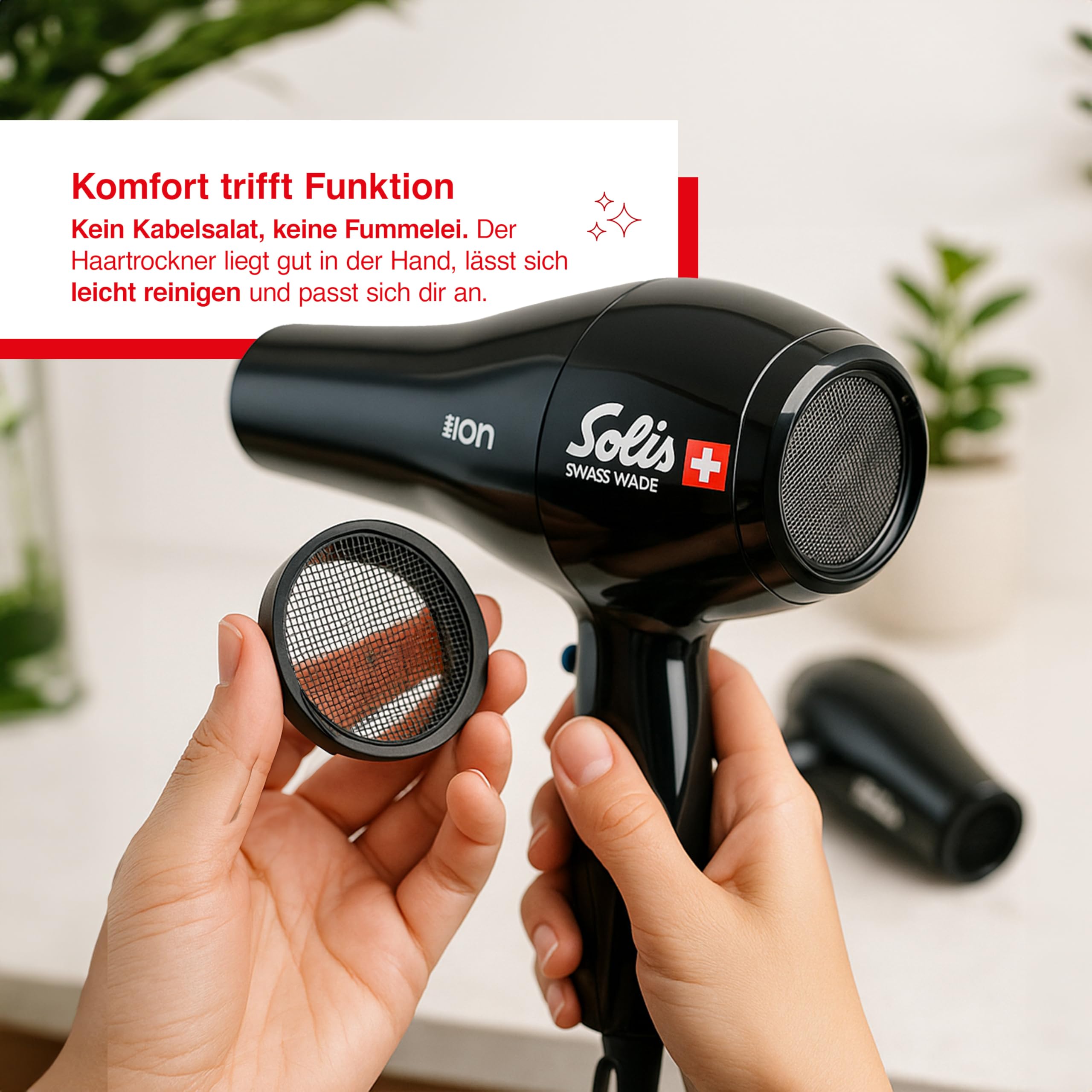 Solis Swiss Perfection 440 Föhn - Haarföhn mit 3 Temperatur- und 2 Gebläsestufen - Kaltluft-Taste - AC-Motor - 2300 Watt - Ionen Haartrockner - Schwarz