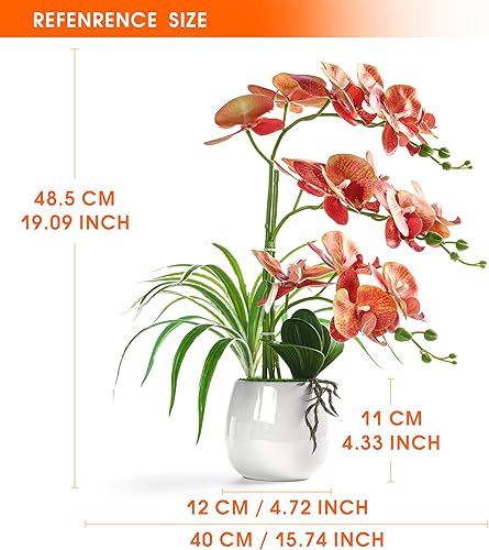 Miniatura 3 de W&W Plantas y flores artificiales de orquídeas con jarrón, orquídea falsa en maceta de cerámica, 19 pulgadas, naranja
