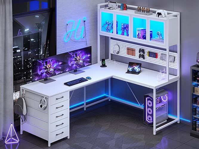 SEDETA L Shaped Gaming Desk with Drawers, L Shaped Computer Desk with Hutch and Storage Shelves, Gaming Desk with Pegboard, Led Lights, and Power Outlet, Home Office Desk, Corner Desk, White - White