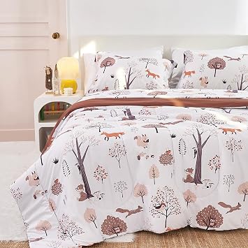 Yibeizi Woodland Twin Comforter Set with Sheets for Boys Girls, Kids Cute Printed Pattern Bedding Set 5 Pieces