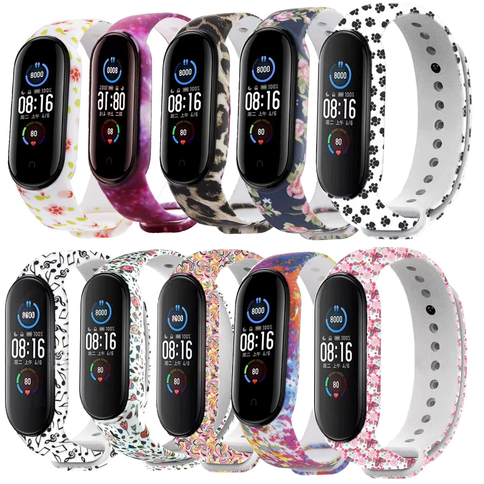 Paquete de 10 correas compatibles con Mi Band (7/5/6) – Correa de silicona flexible estampada para rastreador