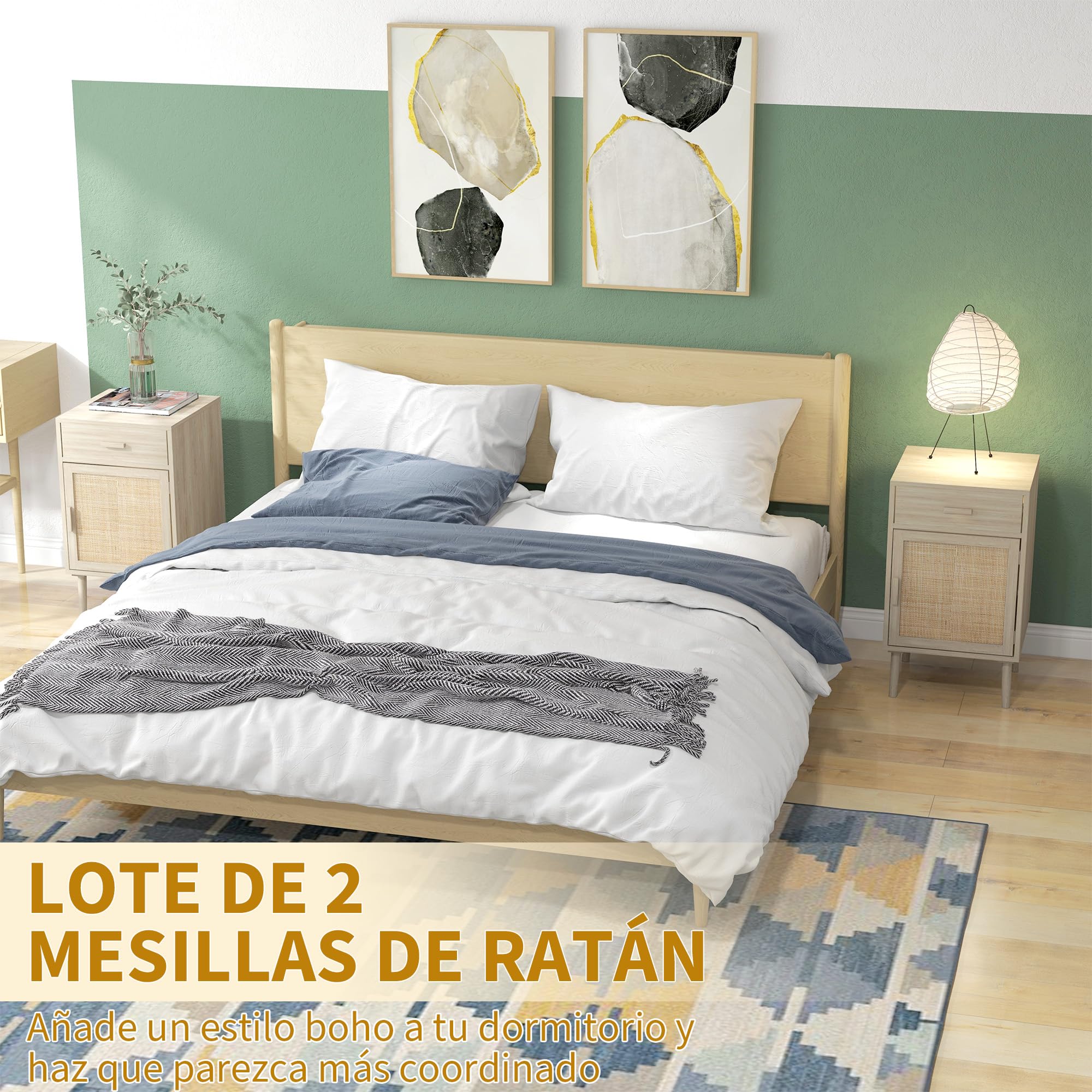HOMCOM Juego de 2 Mesitas de Noche con Cajón de Ratán 40x40x68,5 cm Roble | Mesillas de Noche, Mesitas Auxiliares, Estante Ajustable, Pack de 2, Dormitorio, Salón