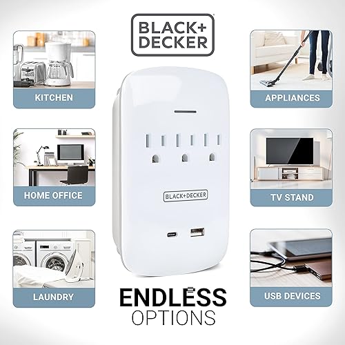 Miniatura 4 de BLACK+DECKER Soporte de pared con protector de sobretensiones con 3 tomas de tierra, 2 puertos de carga USB, adaptador de corriente y cargador de