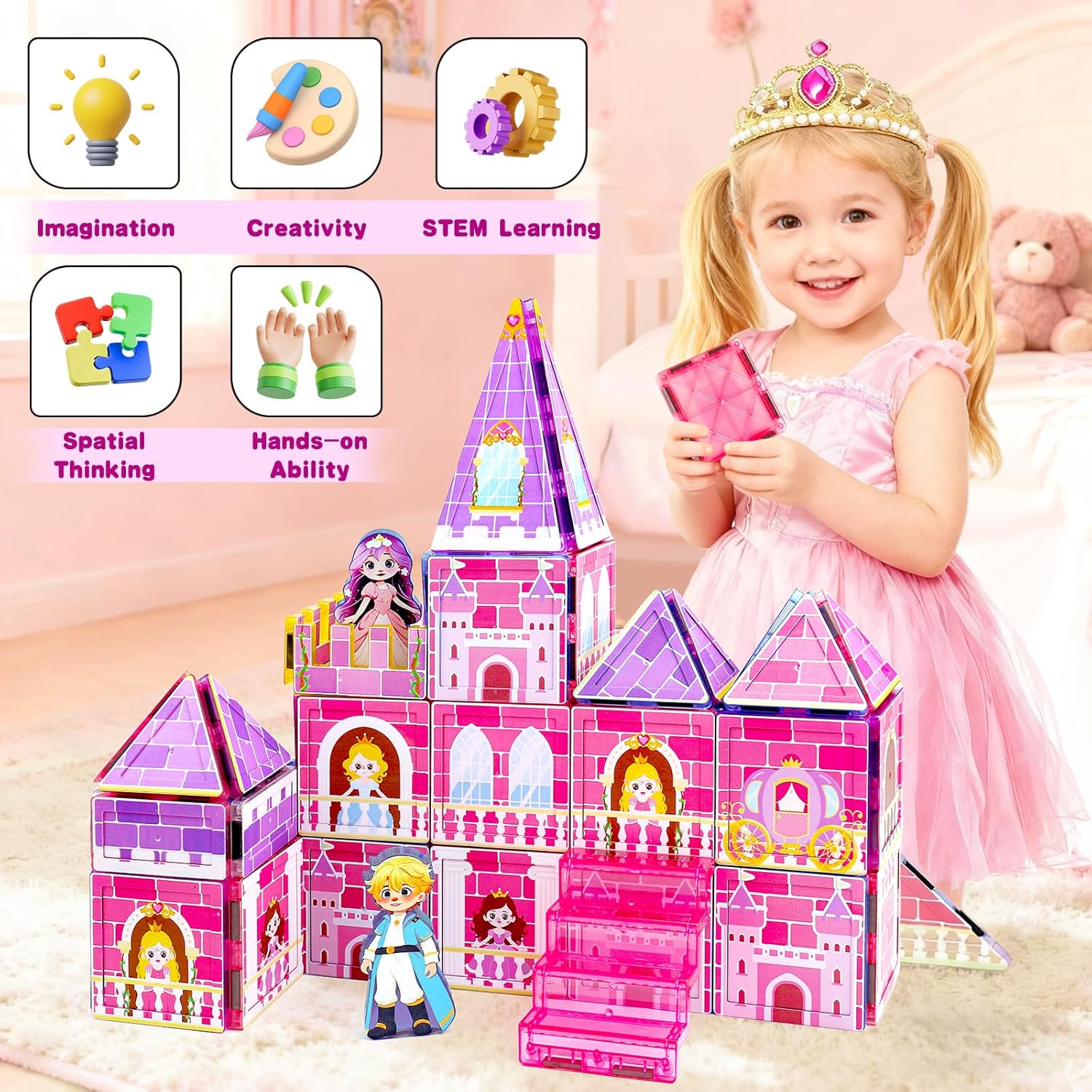 Tsomtto Magnetic Tiles for Girls - Princess Magnetic Blocks Building Toys for Kids Ages 3-5 4-8 Toddler STEM Educational Learning Sensory Toys for 3 4 5 6 7 8 9+ Year Old Boys Girls Birthday Gifts