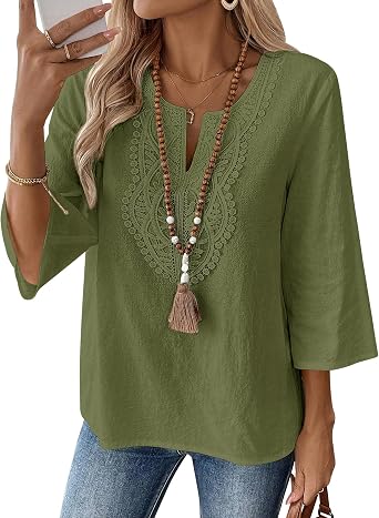 LOMON Womens 3/4 Sleeve Tops Linen Shirts Cotton Tops