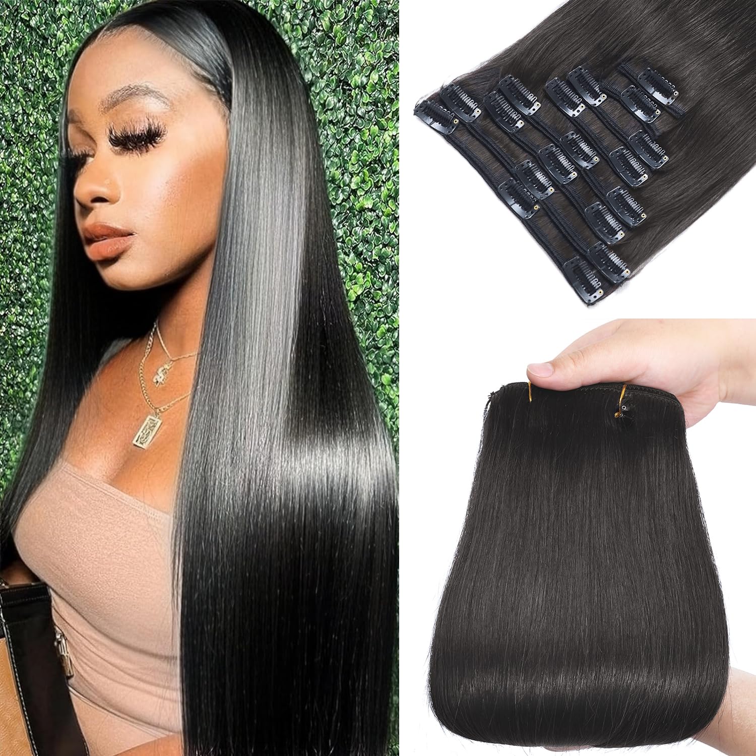 Clip in Hair Extensions 100% Remy Virgin Human Hair Extensions 8pcs Per Set with 18Clips Natural Black Hair Extensions Double Weft Straight Hair Invisible (#1b 22 INCH Natural Black 90g)