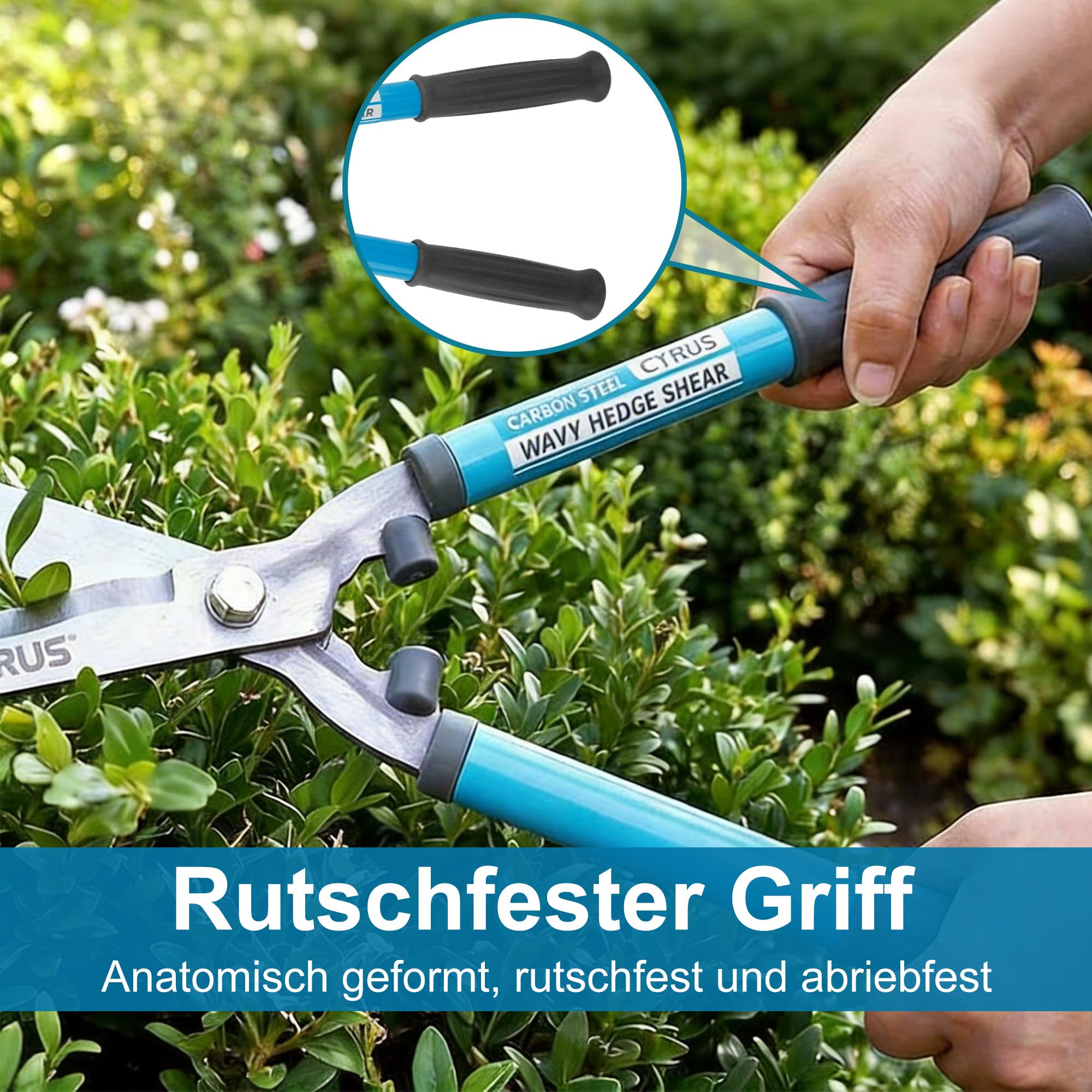 CYRUS heckenschere manuell,Hochwertige Wellenschliff-Stahlklinge,ergonomischer rutschfester Griff,Ideal für Garten-Heckenschnitt an Rabatten und Sträuchern,Länge 52cm