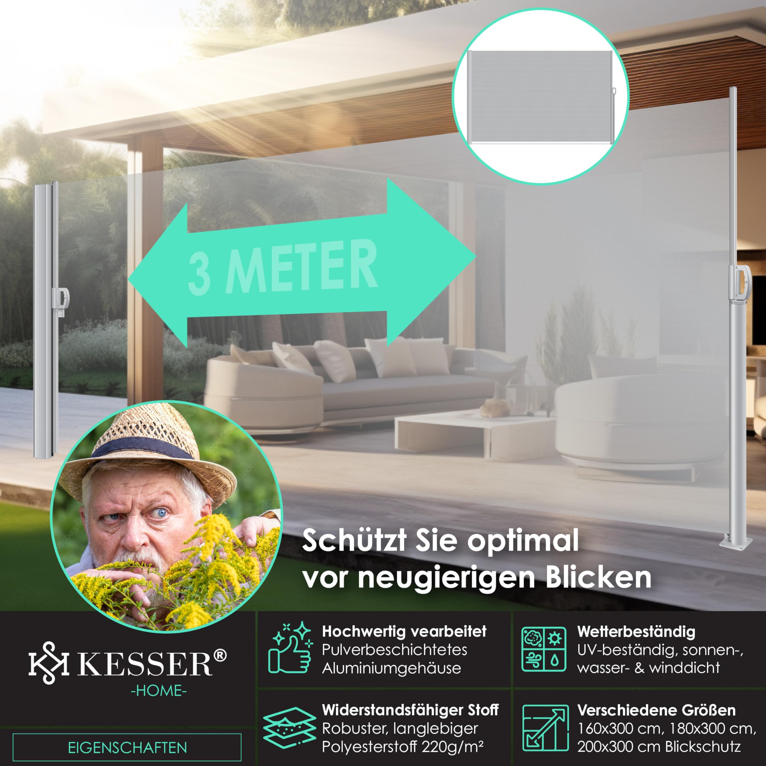 KESSER® Aluminium zijluifel, uittrekbaar en ondoorzichtig, 300 x 160 cm, tuinscherm en windscherm met oprolmechanisme voor balkon en terras, zijrolgordijn incl. regenhoes met wandhouder, beige KESSER® Aluminium zijluifel, uittrekbaar en ondoorzichtig, 300 x 160 cm, tuinscherm en windscherm met oprolmechanisme voor balkon en terras, zijrolgordijn incl. regenhoes met wandhouder, beige