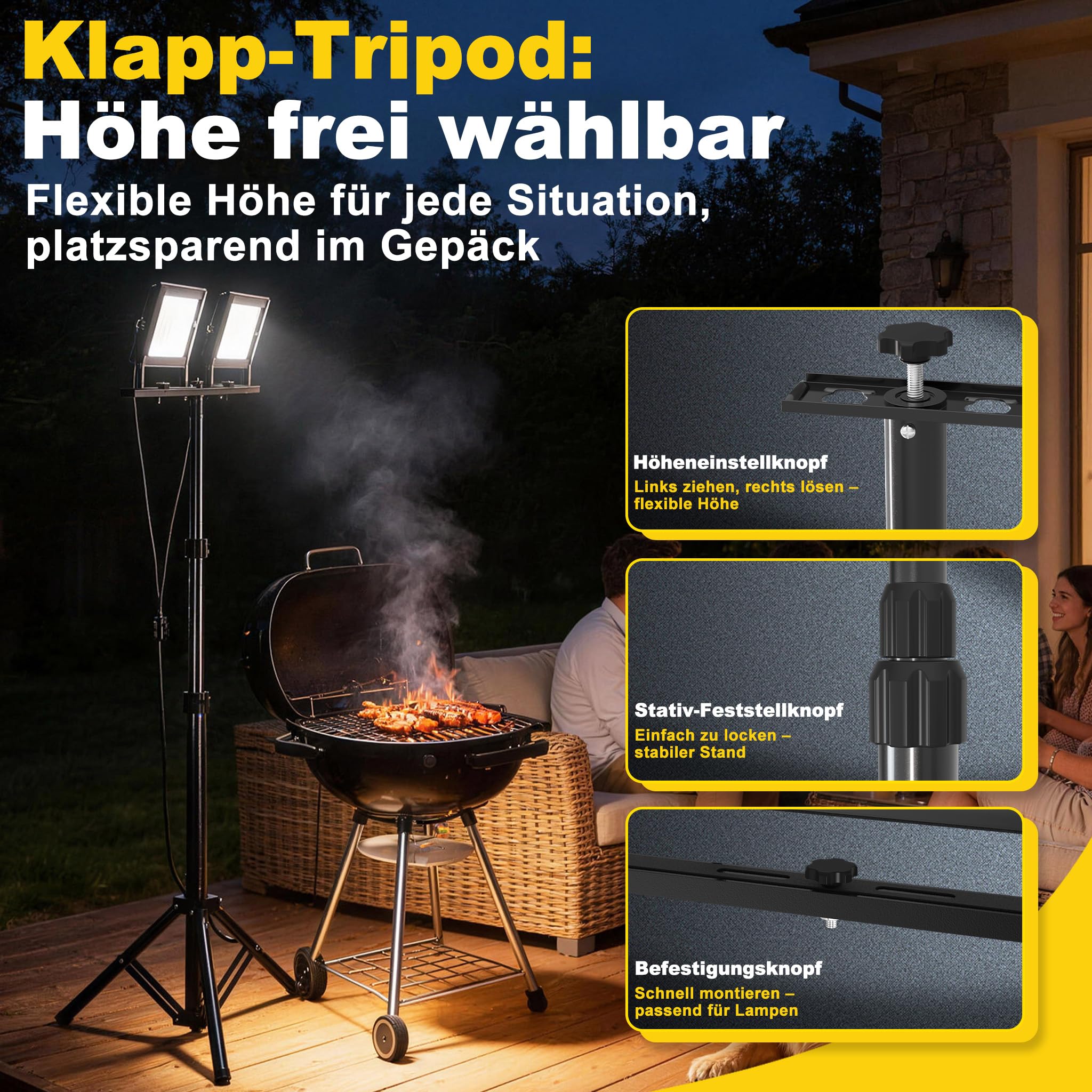 XMTECH LED Baustrahler 2×200W mit Teleskop-Stativ, IP66, 2 Fluter, Fernbedienung, dimmbar, 6000–6500K, 120° Abstrahlwinkel, 220V, flimmerfrei, robust für Baustelle, Garage, Außenbeleuchtung