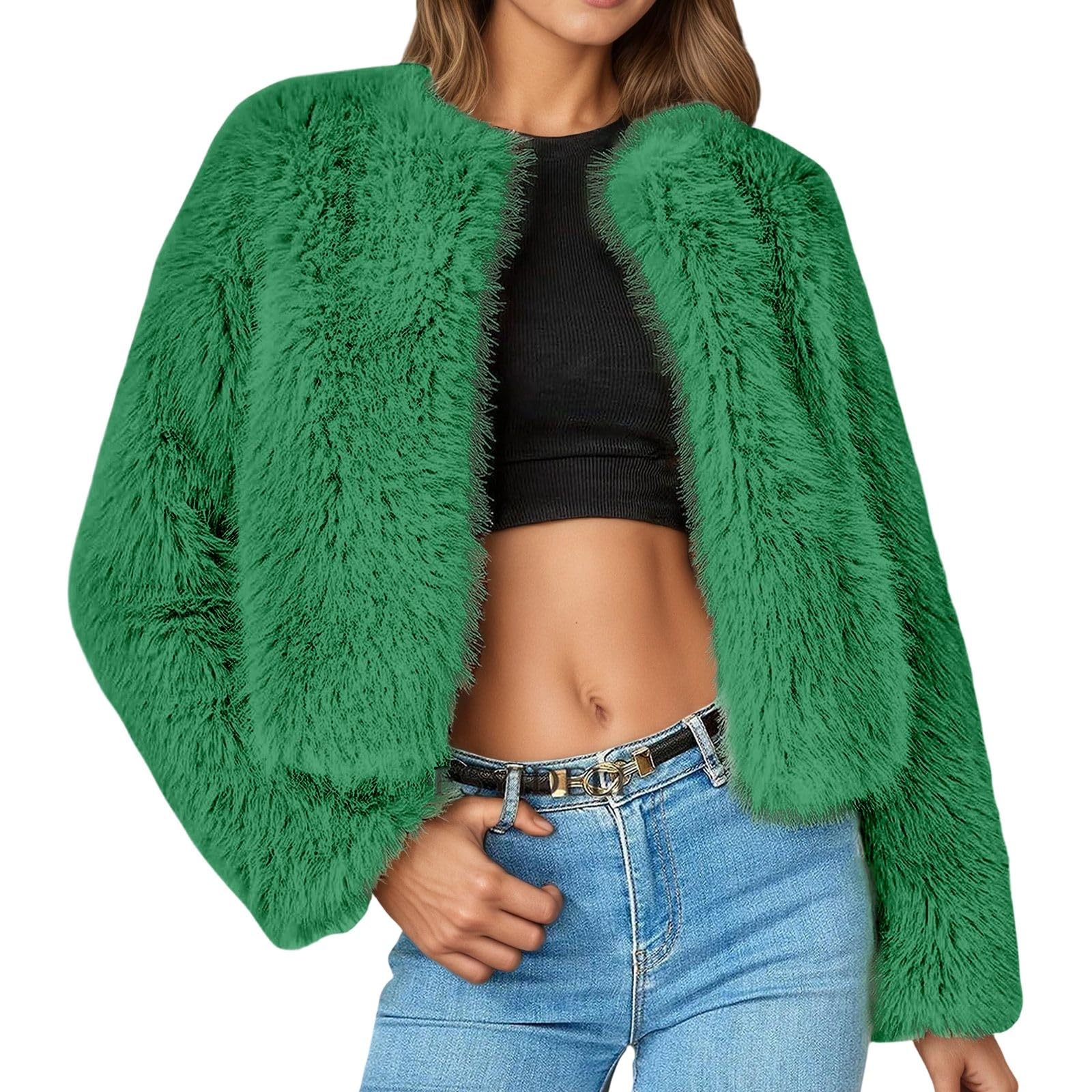 Generisch Manteau d'hiver surdimensionné en cuir synthétique, manches longues, col rond, élégant, chaud, épais, tenue décontractée