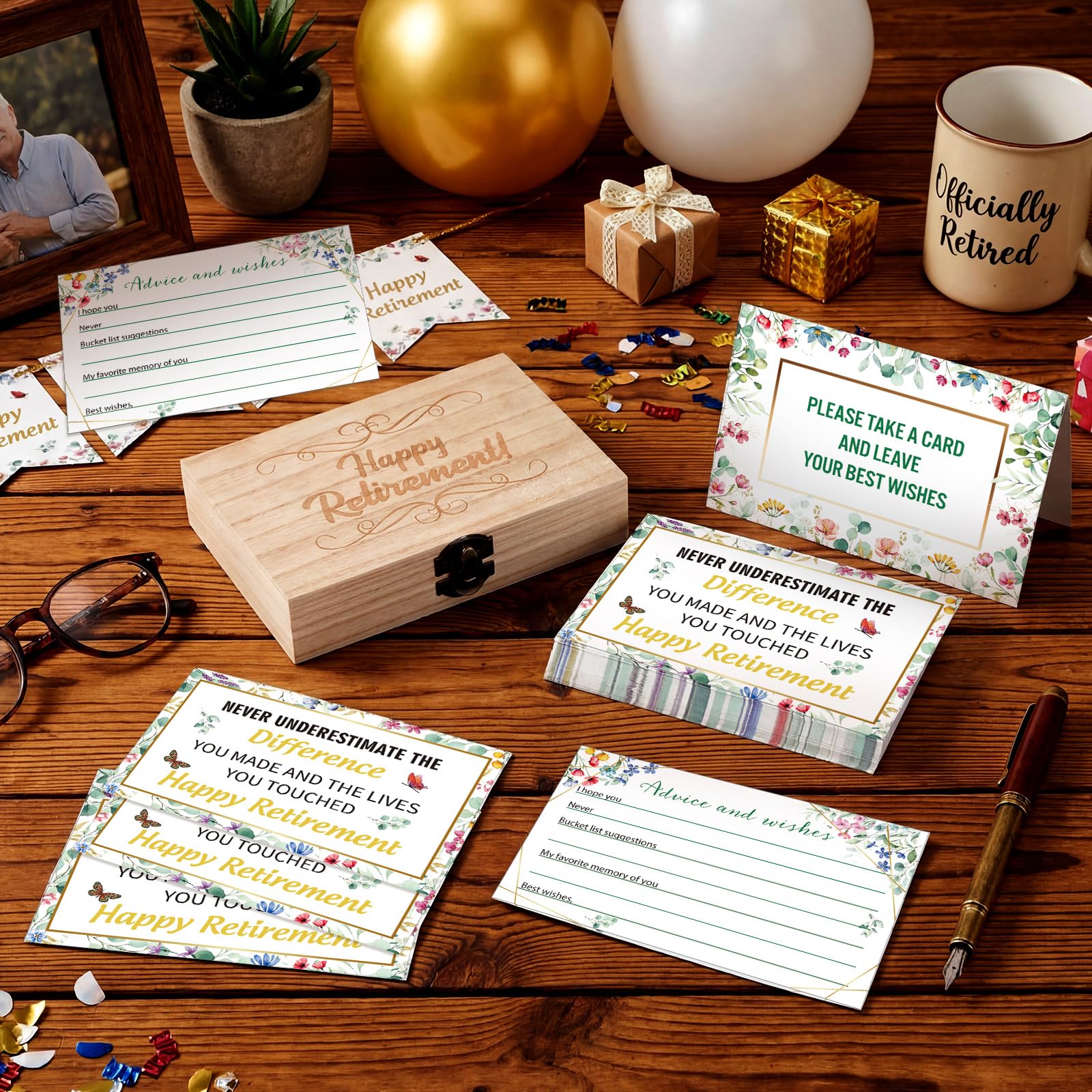 Novabright 62 tarjetas de caja de jubilación con texto en inglés "Greenery Happy Retirement Box", tarjetas de madera con letrero de mesa, consejo de deseos, felicitaciones, tarjeta de libro de