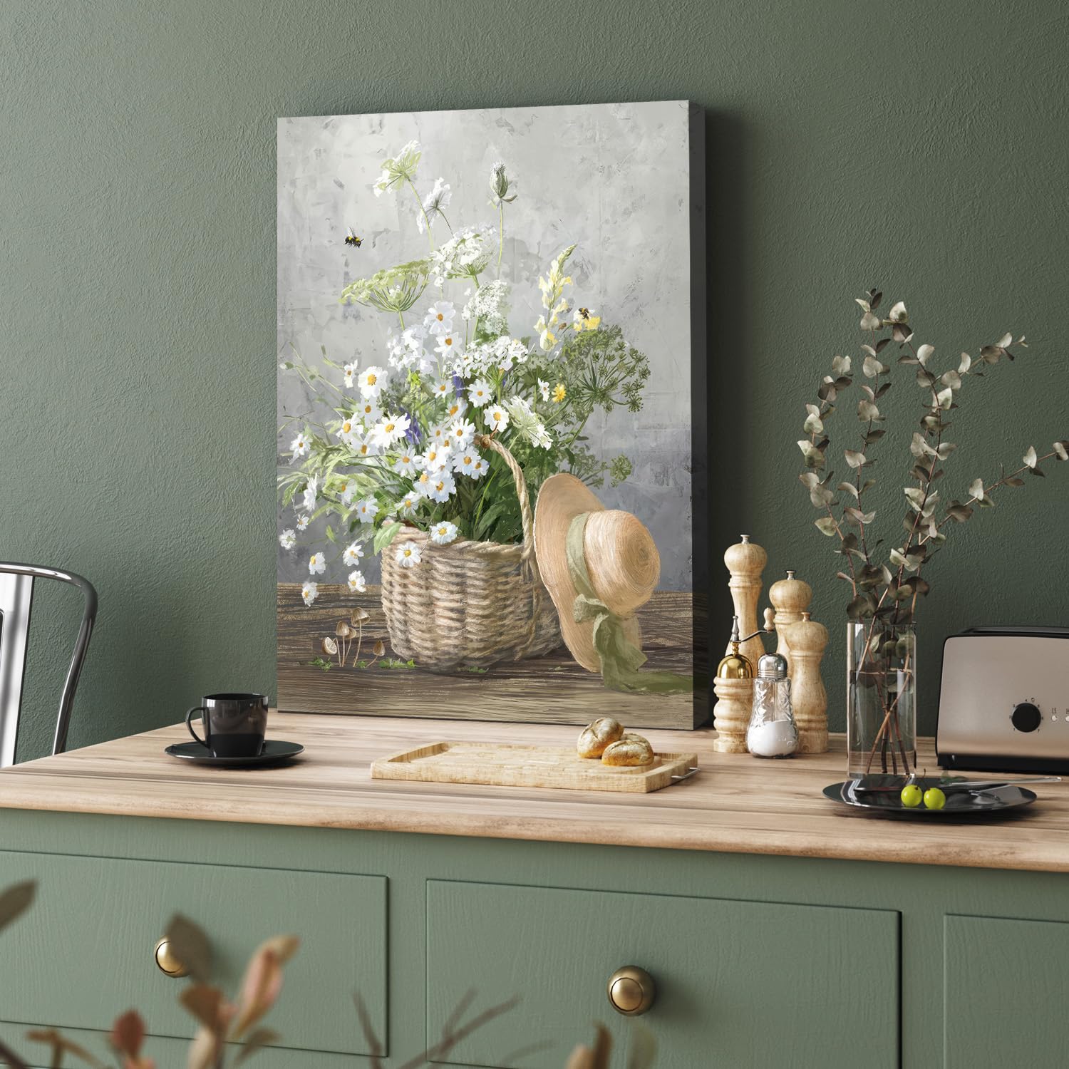 3 Pcs Quadri Moderni Fiori Rustici di Margherita Bianca Stampa su Tela Con Cornice, Retro Farmhouse Floreale Botanico Quadro Pittura su tela Poster da Parete Decor Soggiorno Camera da Letto 30x40cmx3