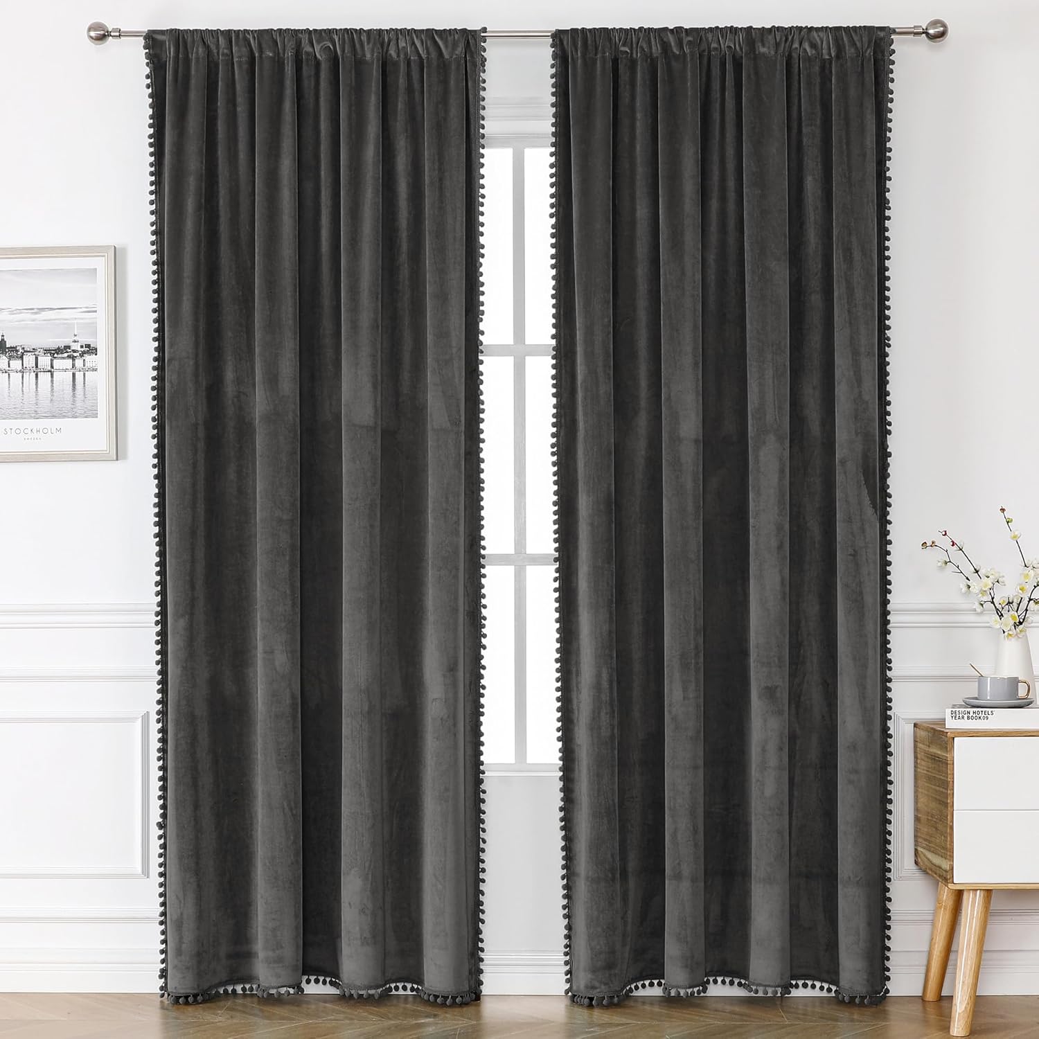 Victree Pom Pom Velvet Curtains for Bedroom, Blackout Curtains 52 x 84 inch Length - Room Darkening Sun Light Blocking Rod Pocket Window Drapes for Living Room, 2 Panels, Dark Grey