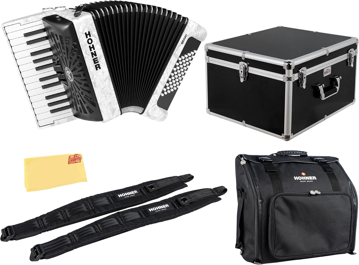 Hohner Bravo II 48 Chromatic Piano Key Accordion - Black Bundle with Hard Case, Gig Bag, Adjustable Straps, and Austin Bazaar Polishing cloth