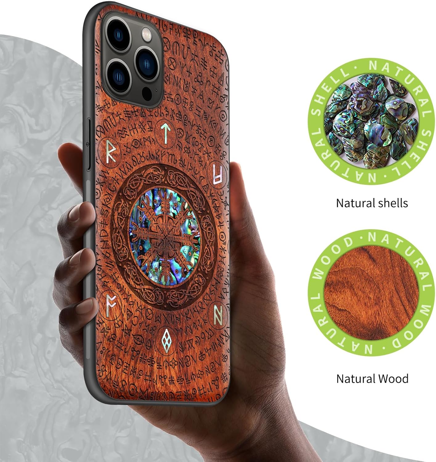 Carveit Designer Wooden Protective Case for iPhone 11 Pro Cover [Wood Engraving & Shell Inlay] Compatible with 11 Pro Case (The Vegvisir of Viking-Rosy)