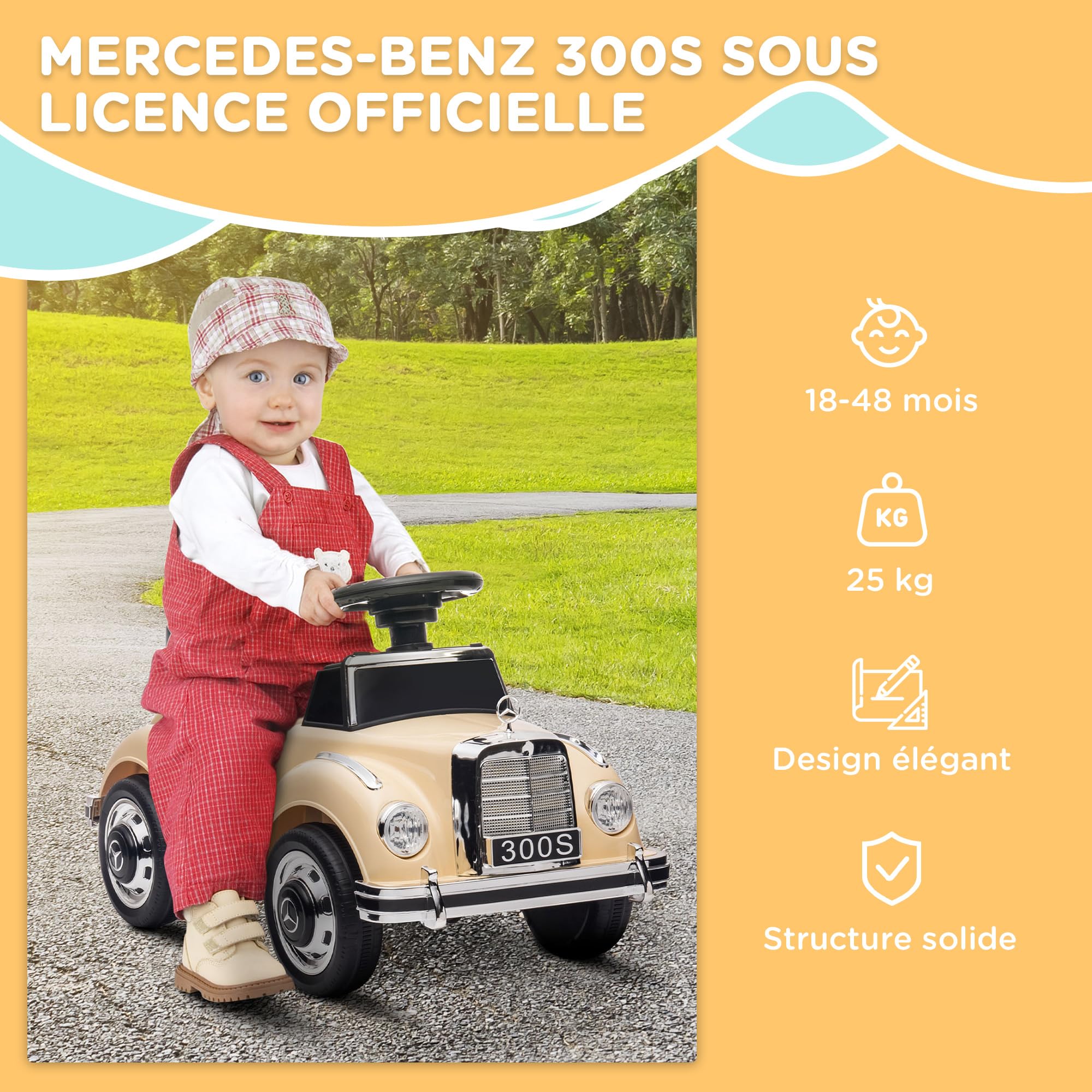 AIYAPLAY Porteur Enfants Voiture Licence Mercedes-Benz 300S 18-48 Mois Coffre Rangement sous Le siège Beige