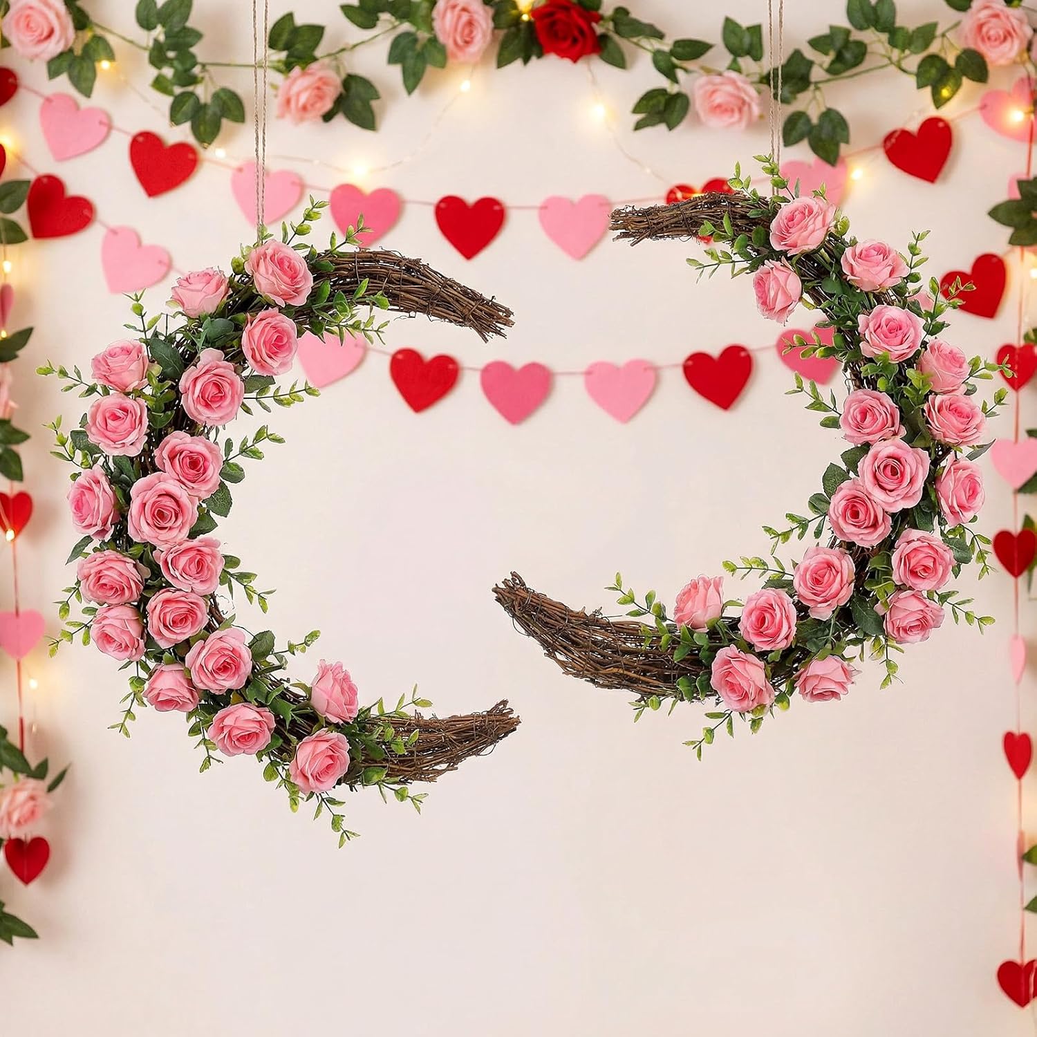 Veemoon 2pcs DIY Rattan Wreath Frames, Moon-Shaped Rattan Vine Hoops for Holiday Party Decor, 11. 81 Inch Light Brown, DIY Garland Making Supplies image 5