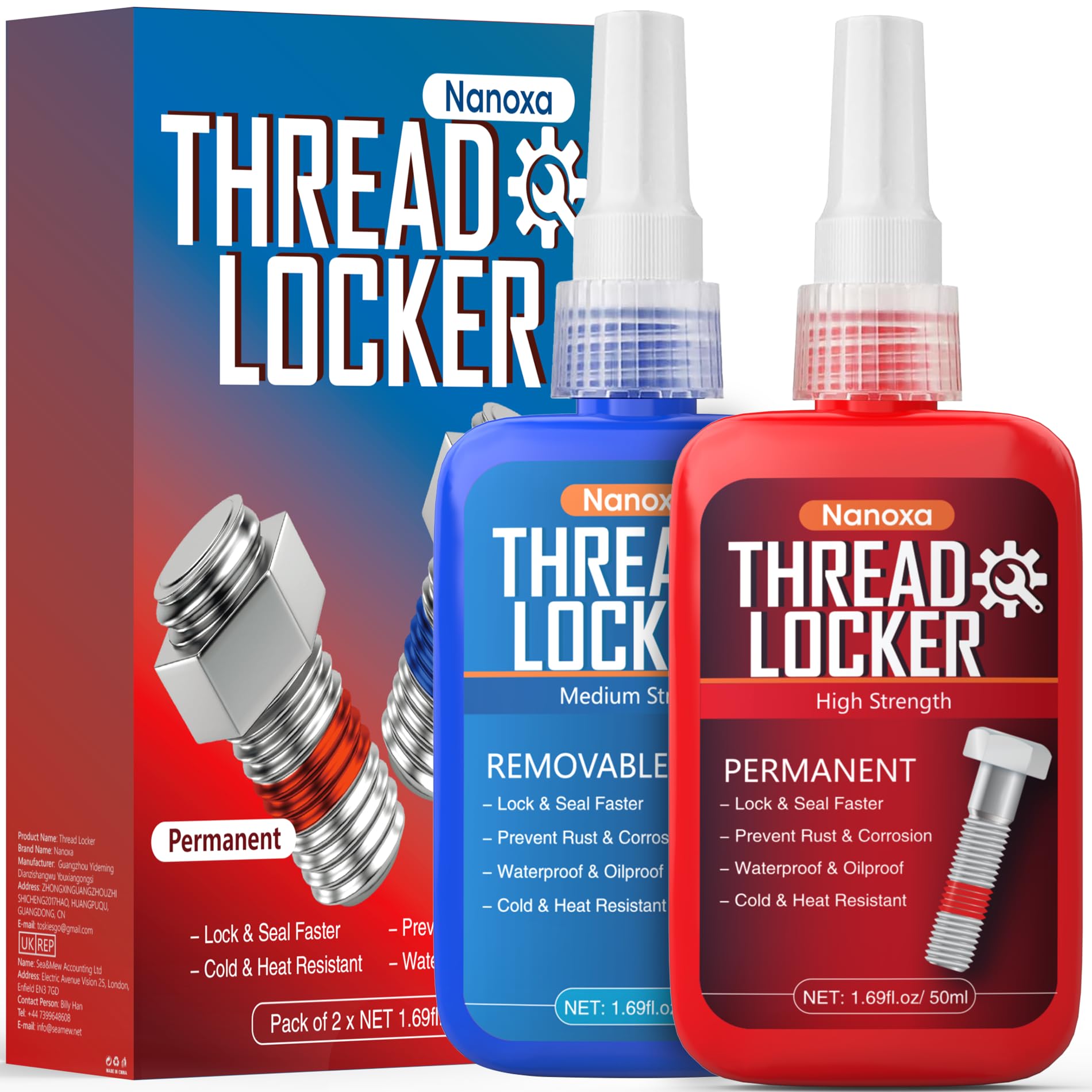 Nanoxa Thread Lock Blue and Red, 50mlx2 Thread Locker Medium and High Strength, Threadlocker Removable & Permanent for Nuts, Bolts, Fasteners and Metals to Prevent Loosening and Leakage