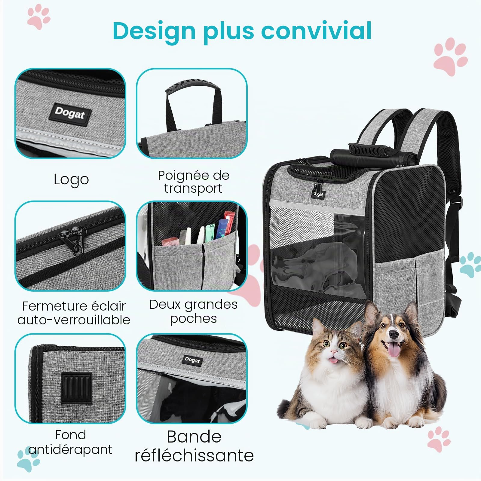 Sac à Dos de Transport pour Chat et Chiot, Sac à Dos de Transport, Camping, randonnée, Portable, Respirant pour Chats et Chiens de Taille Moyenne, Petite, Gris