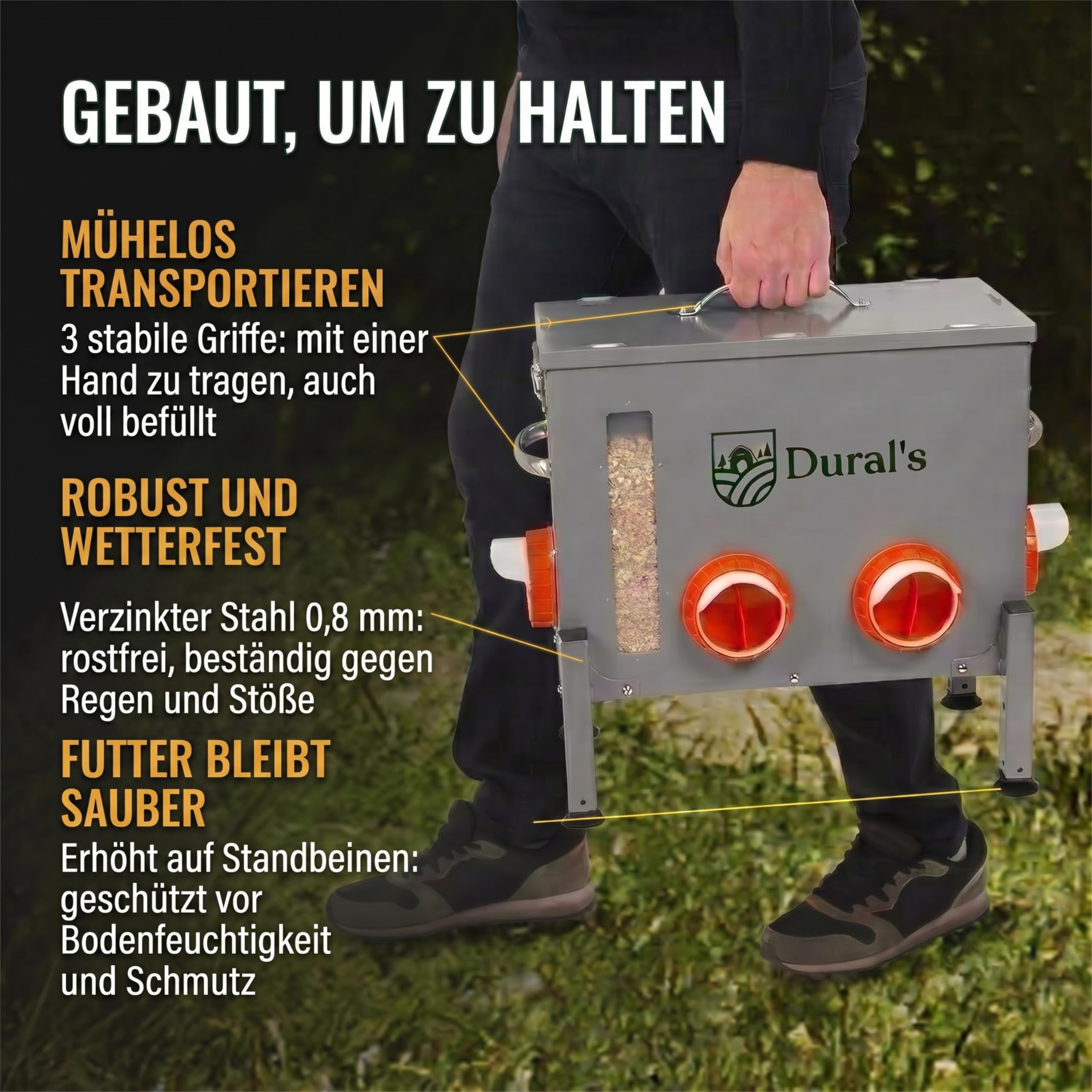 Dural's® Futterautomat Hühner Rattensicher 18 kg – Großer Hühner Futterspender & Futtertrog aus verzinktem Stahl, 6 Futteröffnungen & Füllstandsfenster – Geflügel, höhenverstellbare Beine