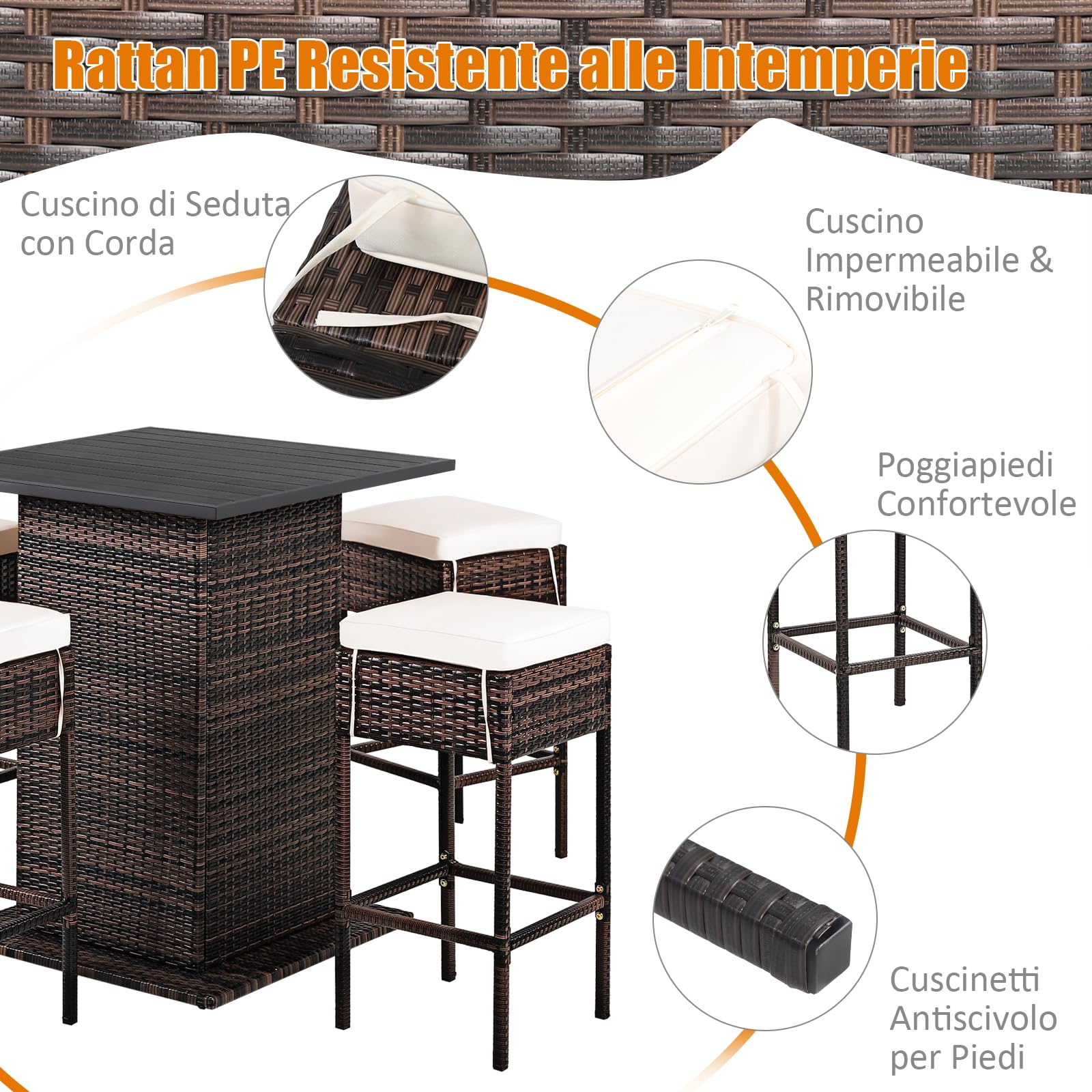 COSTWAY Set Mobili Bar da Giardino in Rattan 5 Pezzi, Tavolo con Spazio d Archiviazione Nascosto, 4 Sgabelli con Cuscini, Angolo Bar da Giardino Cortile ed Esterno