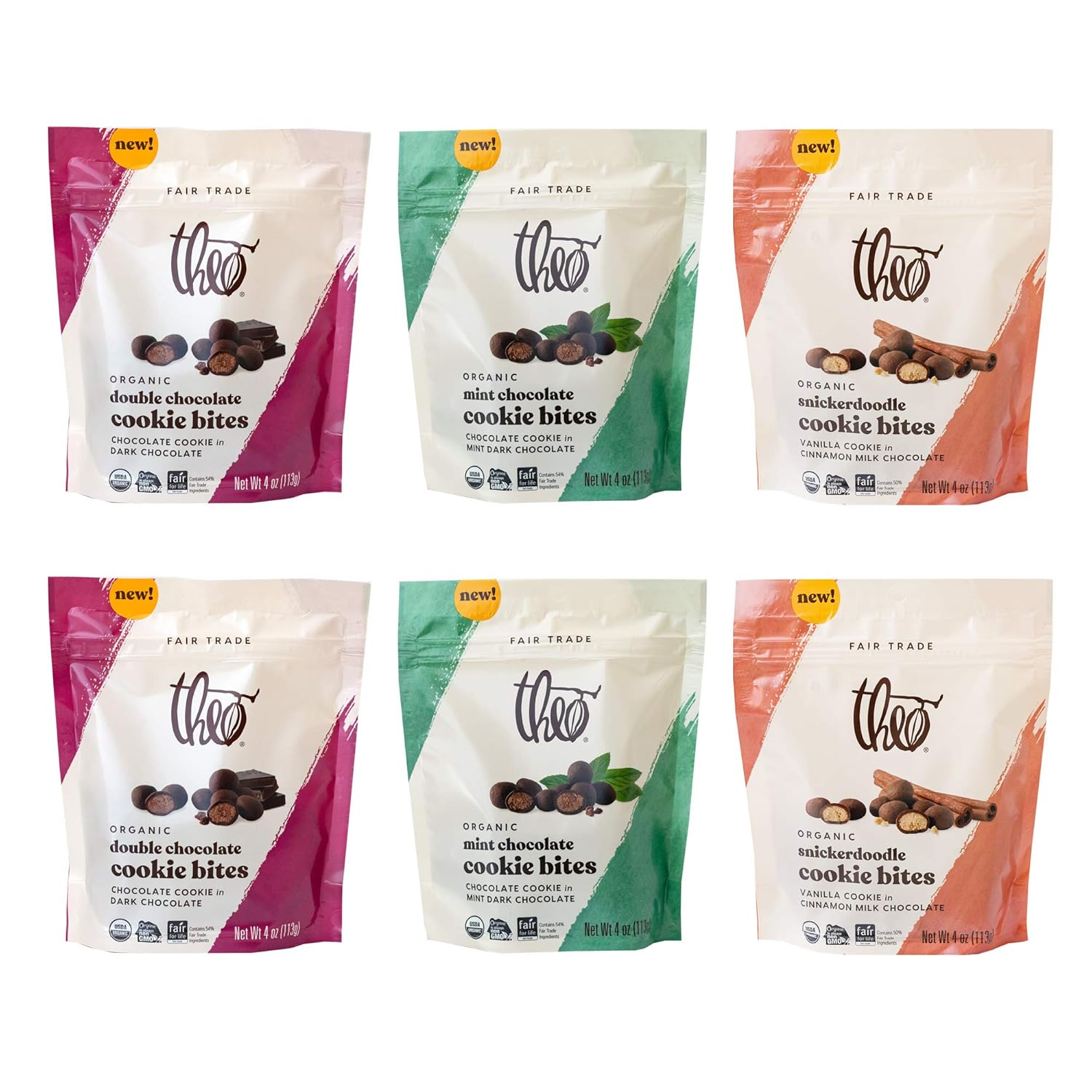 Theo Chocolate Organic Cookie Bites Variety Pack, 4 Ounce Resealable Bag, 6 Pack
