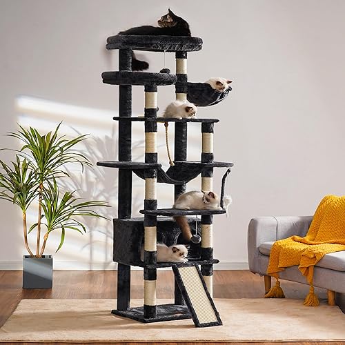 Miniatura 2 de Hebly HCT033G - Árbol alto para gatos, torre de 78 pulgadas para gatos de interior, 2 perchas de felpa ampliadas para gatos con tabla de rascar y