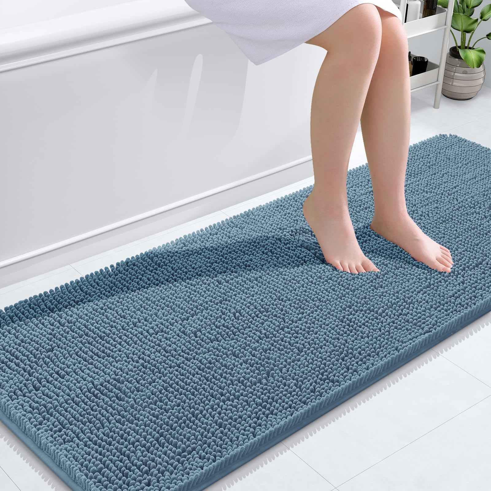 OLANLY Bathroom Runner Rugs 59x20, Extra Soft Absorbent Chenille Bath Rugs | Airy Blue, Quick-Drying Rubber Backing, Washable Long Bath Mat for Bathroom Floor, Tub and Shower, Home Decor Accessories
