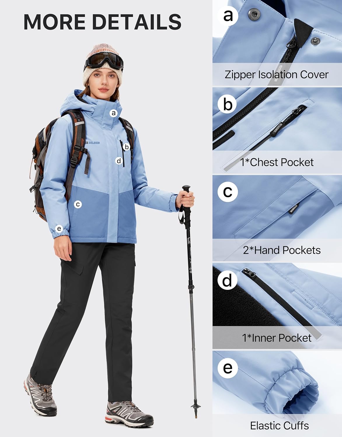 FREE SOLDIER Women's Waterproof Ski Jacket Fleece Lined Warm Winter Snow Coat Windproof Hooded Raincoat (Blue,3XL)