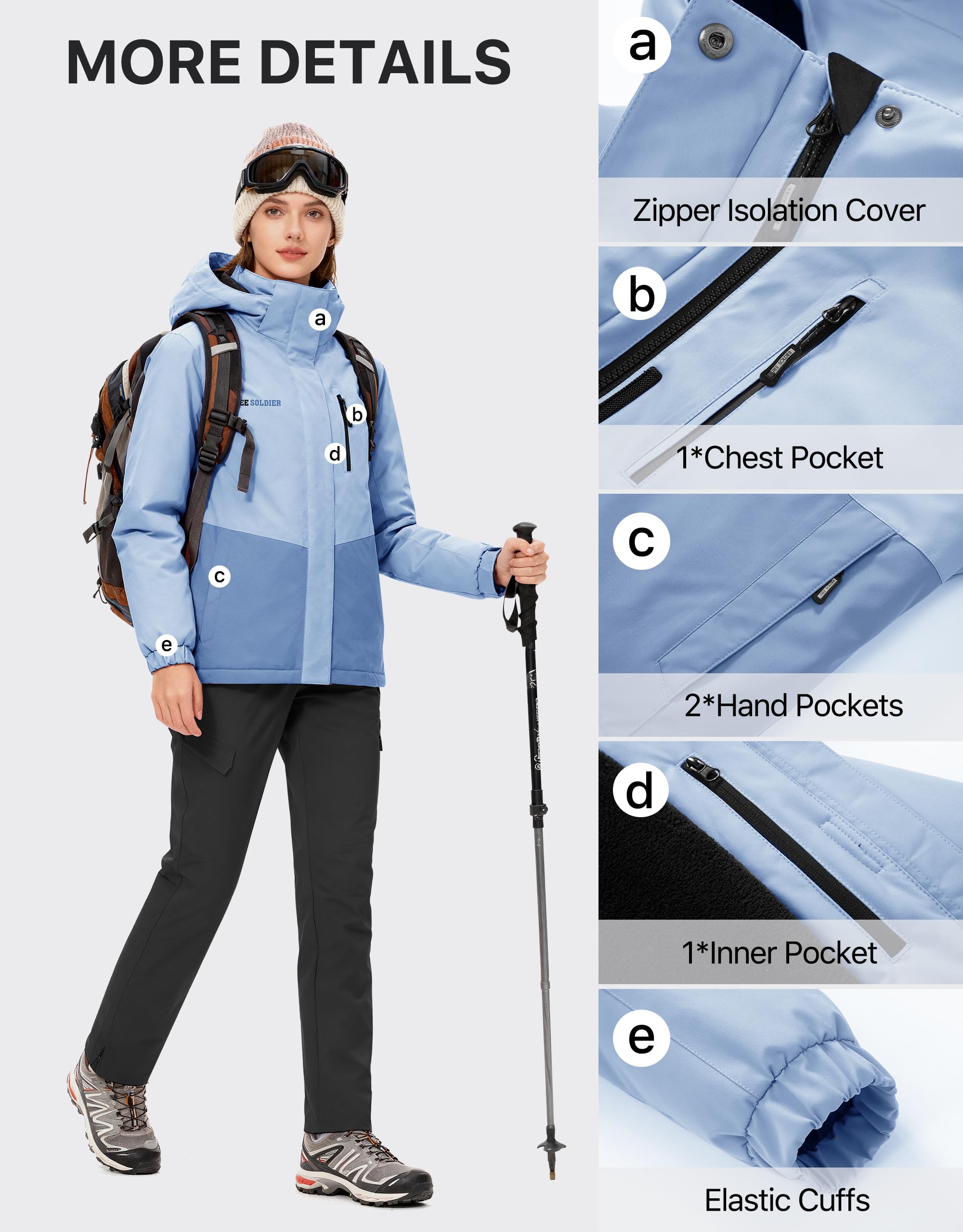 FREE SOLDIER Damen Wasserdichte Skijacke Fleece Gefüttert Warm Winter Schneemantel Winddicht Kapuze Regenmantel