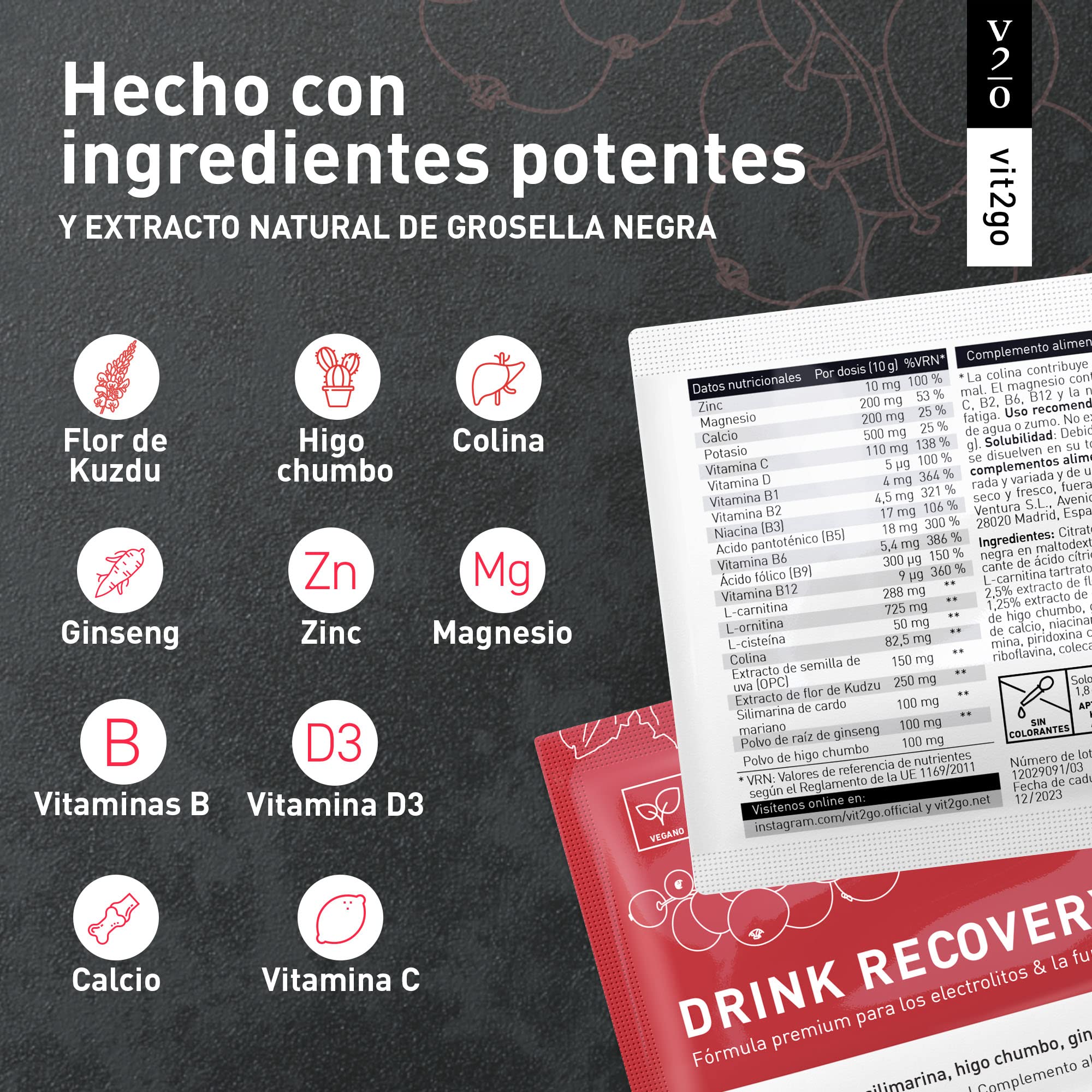 DRINK RECOVERY | Anti resaca | Electrolitos + 7 Vitaminas B + Cardo Mariano | Suplemento en Polvo Sabor Frutos del bosque | 100% Vegano | 30 Sobres