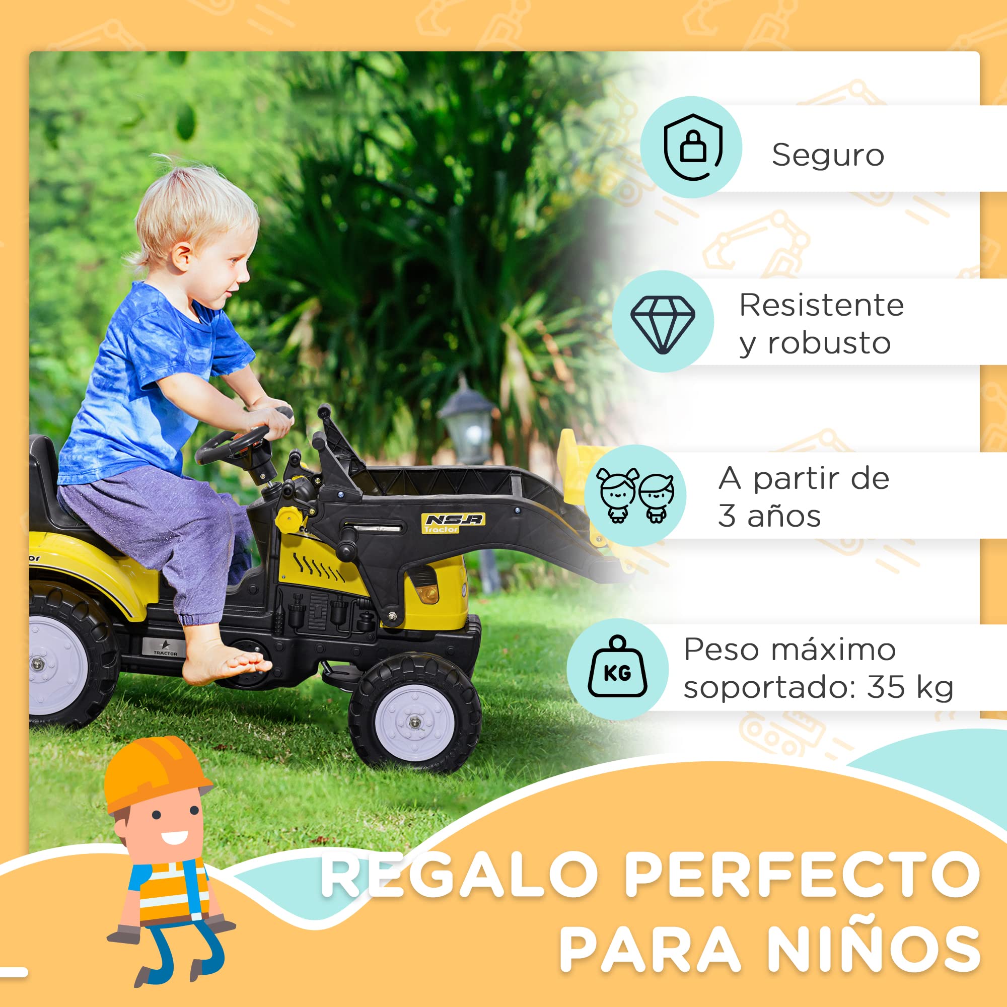 HOMCOM Tractor a Pedales para Niños de 3 Años Excavadora Camión con Pala Delantera Juguete de Montar Coche de Pedales Carga 35 kg 114x41x52 cm Amarillo