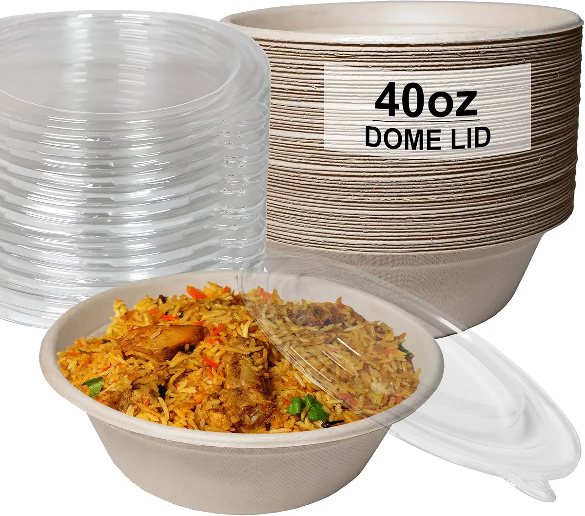 [100 Pack] 40 oz Round Disposable Compostable Paper Bowls with Dome Lids Heavy-Duty, Eco-Friendly Natural Bagasse Unbleached, Heat Resistant, 100% Biodegradable Salad Bowls Alternative to Plastic