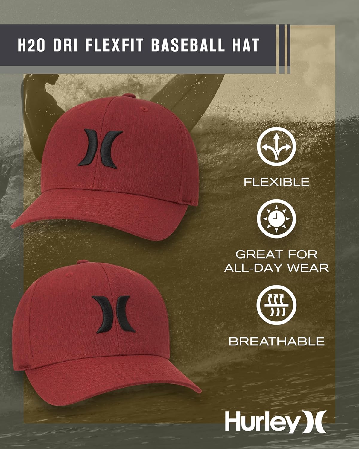 Hurley Mens Baseball Cap - Moisture Wicking Curved Brim Flexfit Fitted Hats for Men with H2O-Dri Sweatband (Sizes: S-XL) - Image 2