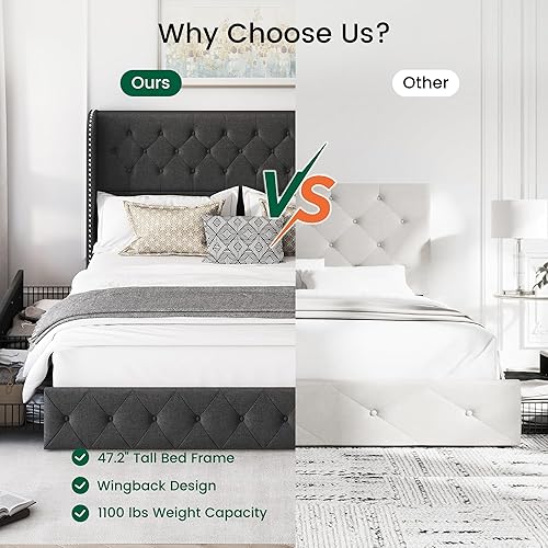 Miniatura 105 de LARMACE - Marco de cama tamaño King con 4 cajones de almacenamiento y cabecera tapizada con botones, cama de plataforma tapizada en lino con