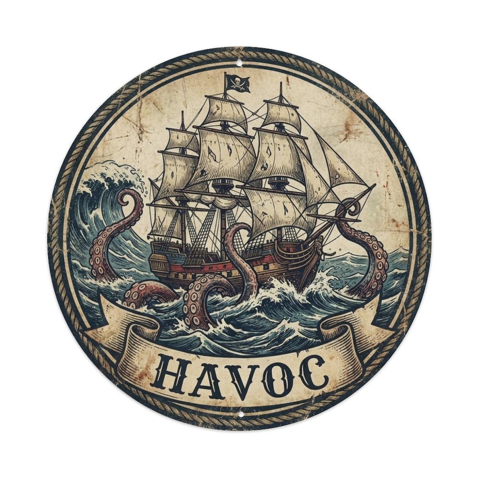 Havoc Pirate Ship Octopus Waves Storm Crest Metal Tin Sign