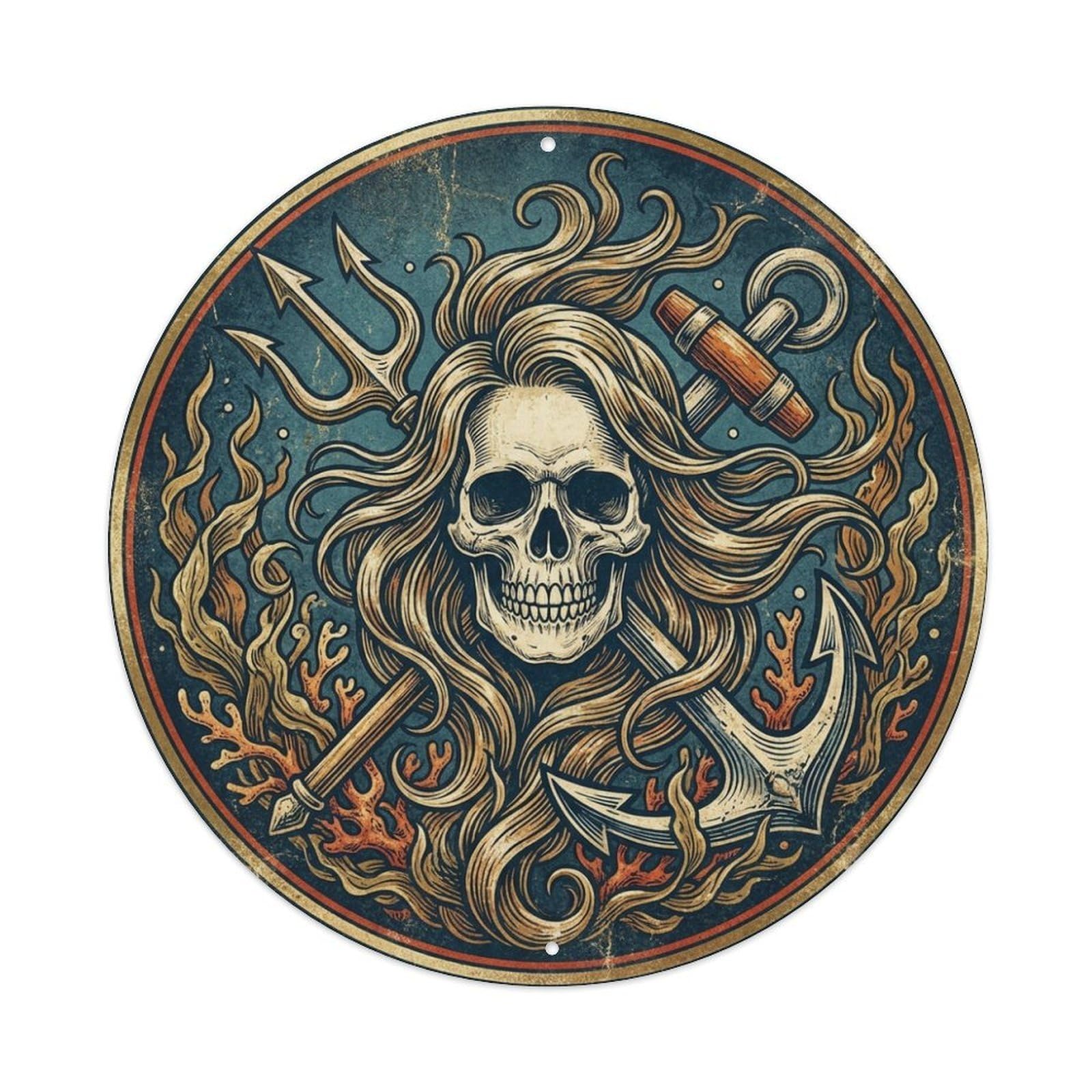 Mermaid Skull Trident Anchor Pirate Nautical Metal Tin Sign