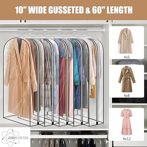 Miniatura 2 de Paquete de 5 bolsas de ropa transparentes de 60 pulgadas para colgar ropa, 10 pulgadas con fuelle de gran capacidad, bolsa de ropa colgante grande