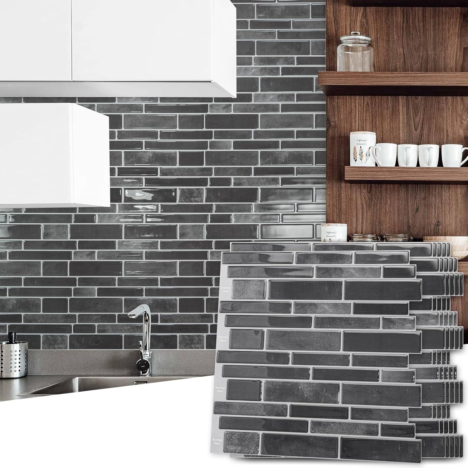 Art3d 10-Sheet Peel and Stick Backsplash Tile, Vinyl Stick On Wall Tile for Kitchen Bathroom Laundry Room, Marble Design 12" x 12" - Smoky Black