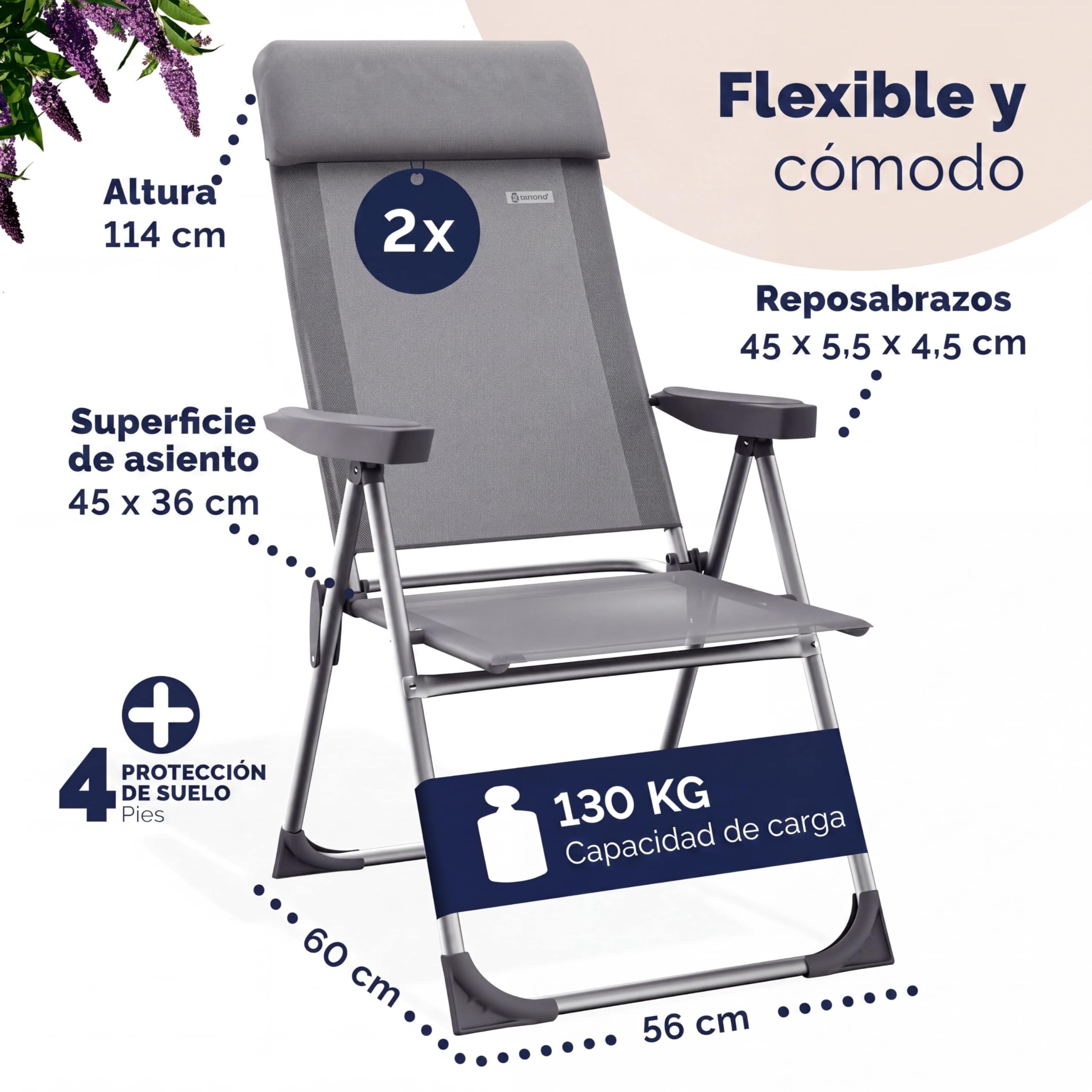 CASARIA® Sillas de Jardín Plegables Set de 2 Respaldo Alto Ajustable en 6 Posiciones Reclinable Marco Aluminio Estables Ligeras Exterior Terraza Balcón Camping