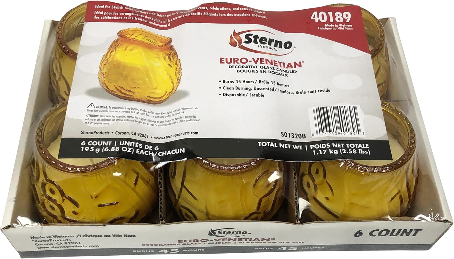 Sterno Euro-Venetian Centerpiece Glass Jar Wax Candles, Decorative Vintage Votive Vintage Holder for Bar or Restaurant, Burns Up to 45 Hours, Pack of 6 - Amber Yellow