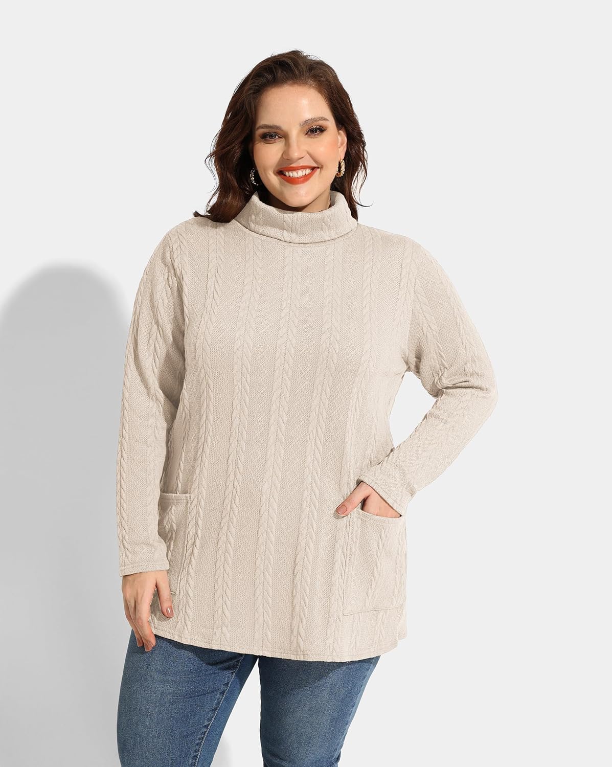 TIYOMI Plus Size Sweaters for Women Long Sleeves Cable Knit Turtleneck Top with Pockets Solid Lightweight Pullover Top Xl-5Xl - Image 2