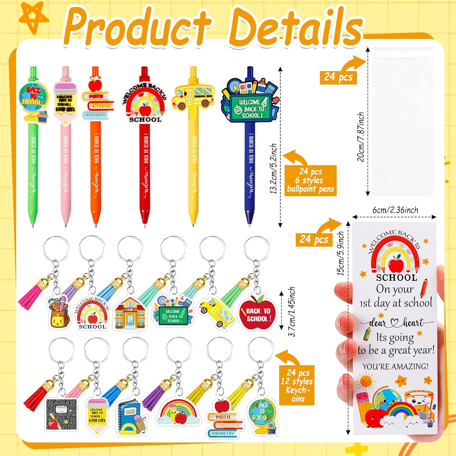 24 Set Back to School Gifts for Students Bulk Ballpoint Pens Keychains and Greeting Cards Set First Day of School Supplies Gifts for Teacher Classroom Rewards Party Favors - Image 2