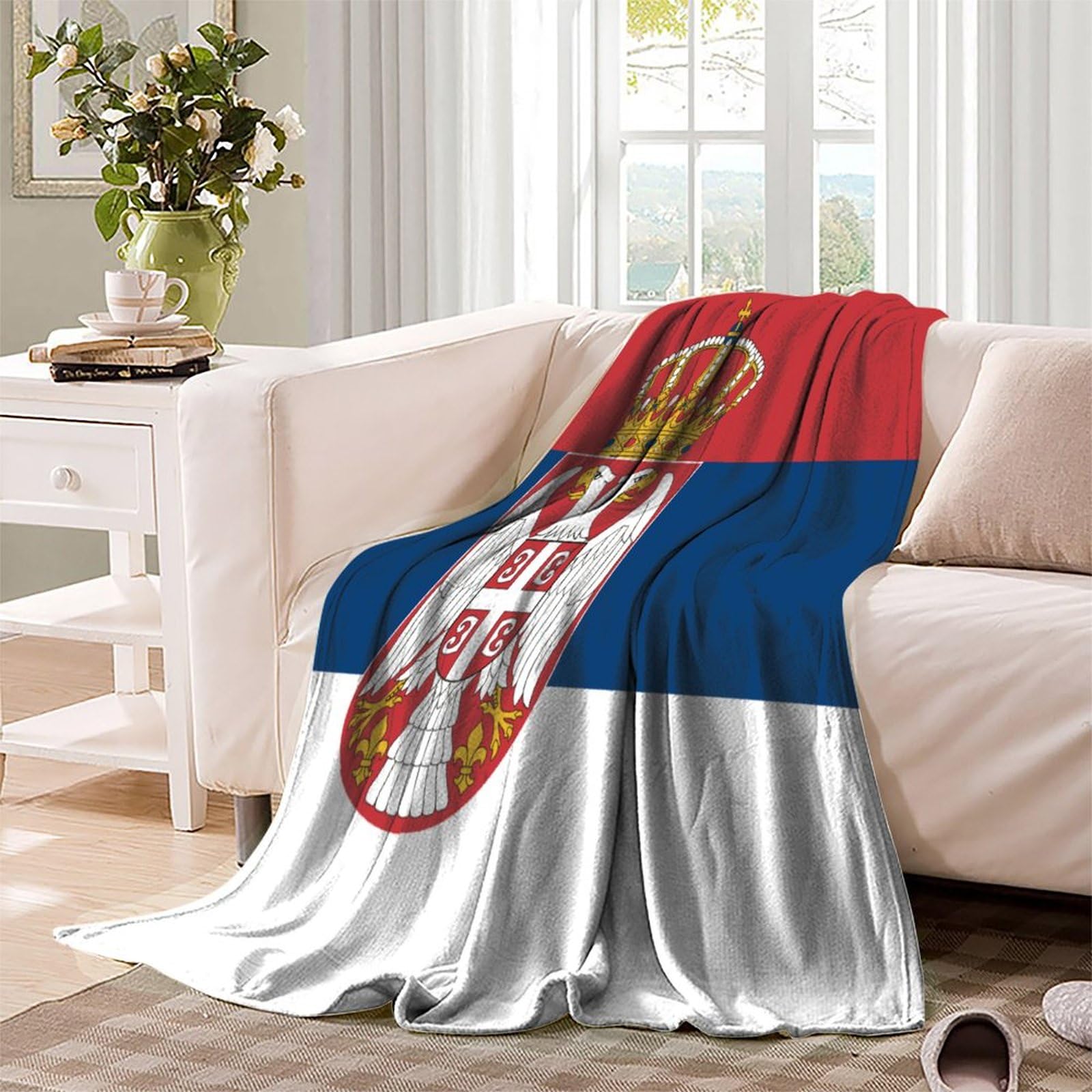 Flaggege von Serbien 3D Nationale Flaggege Gedruckt Decke Für Geschenke Für Mädchen Jungen Alle Jahreszeiten Super Weich Gemütlich Plüsch Wirft Decke Für Couch Sofa Bett Büro 60x80inch(150x200cm)