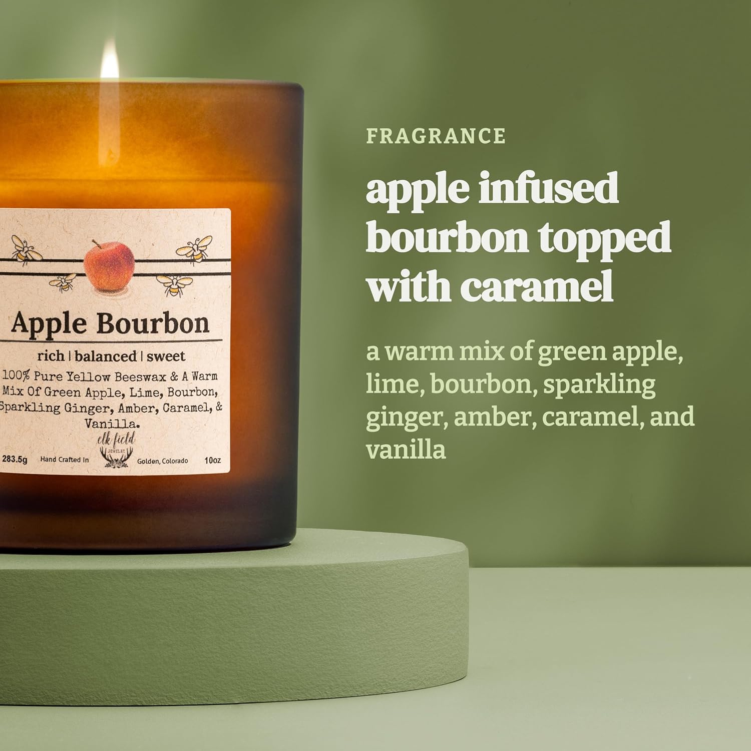 Apple Bourbon Organic Beeswax Candle | 2 Ingredients | 100% Pure Beeswax Candles, Non Toxic, Natural, Organic Candles, Beeswax Candles Scented, Non Toxic Candles, 80 Hour, 14oz