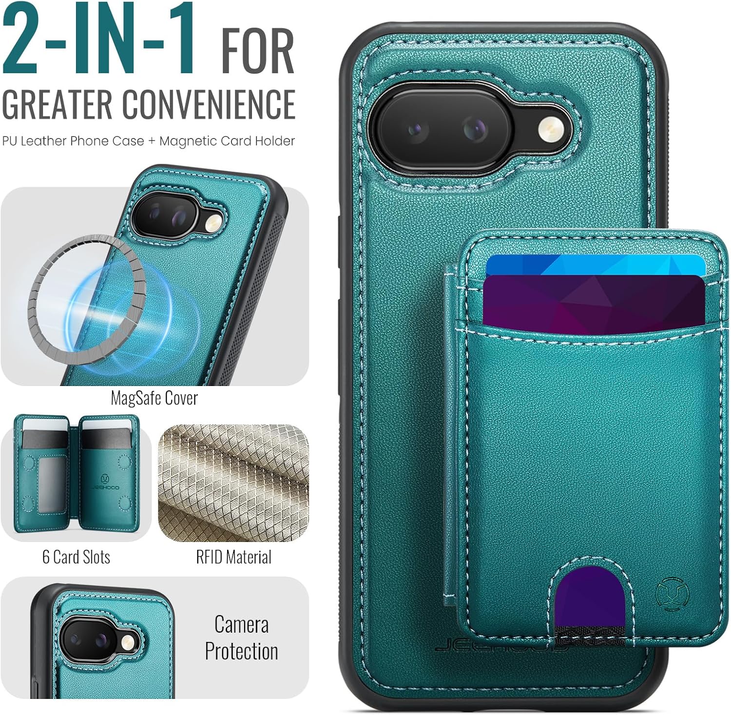 for Wallet Folding Case for Google Pixel 9a, MagSafe Compatible with RFID Blocking 6 Card Slots, 2-in-1 Kickstand Magnetic Closure Shockproof Heavy Duty Case for Google Pixel 9a 6.3"- Teal