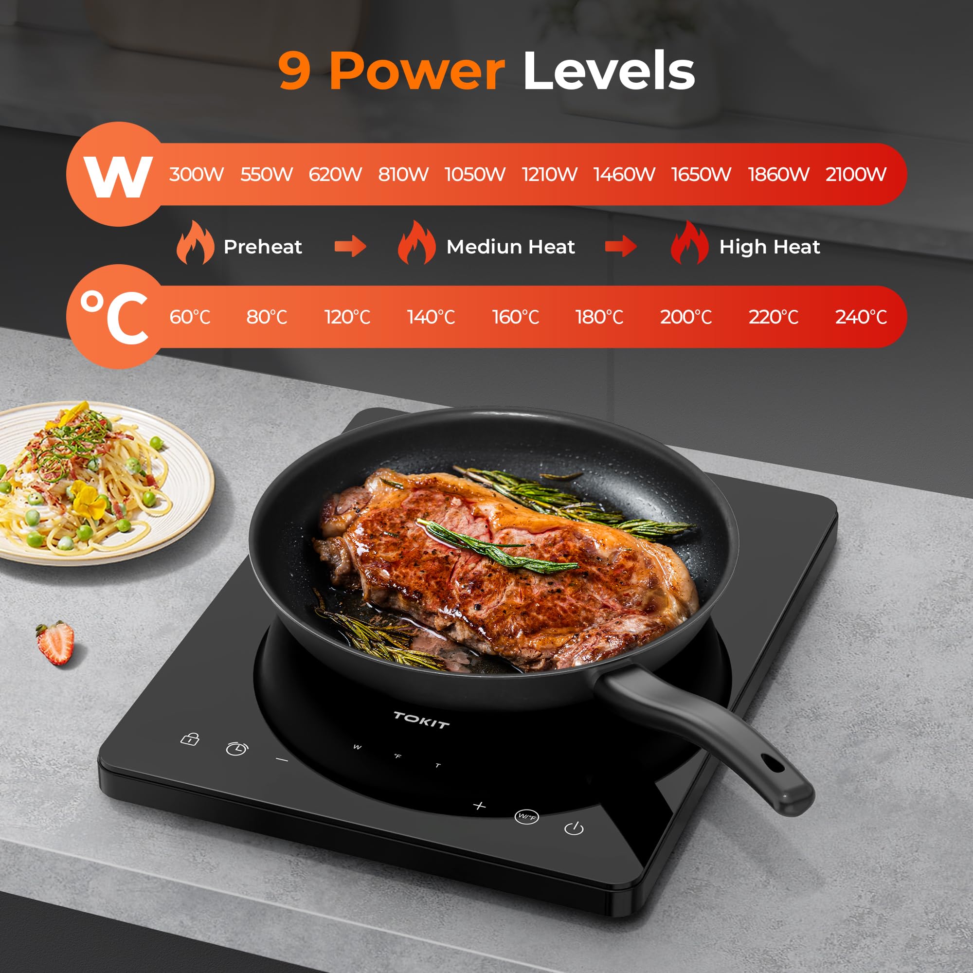 TOKIT Plaque de Cuisson à Induction 2000 W avec 9 Niveaux de Puissance, Minuterie de 90 Minutes, Ultra Fine 40 mm, Noire (M1)