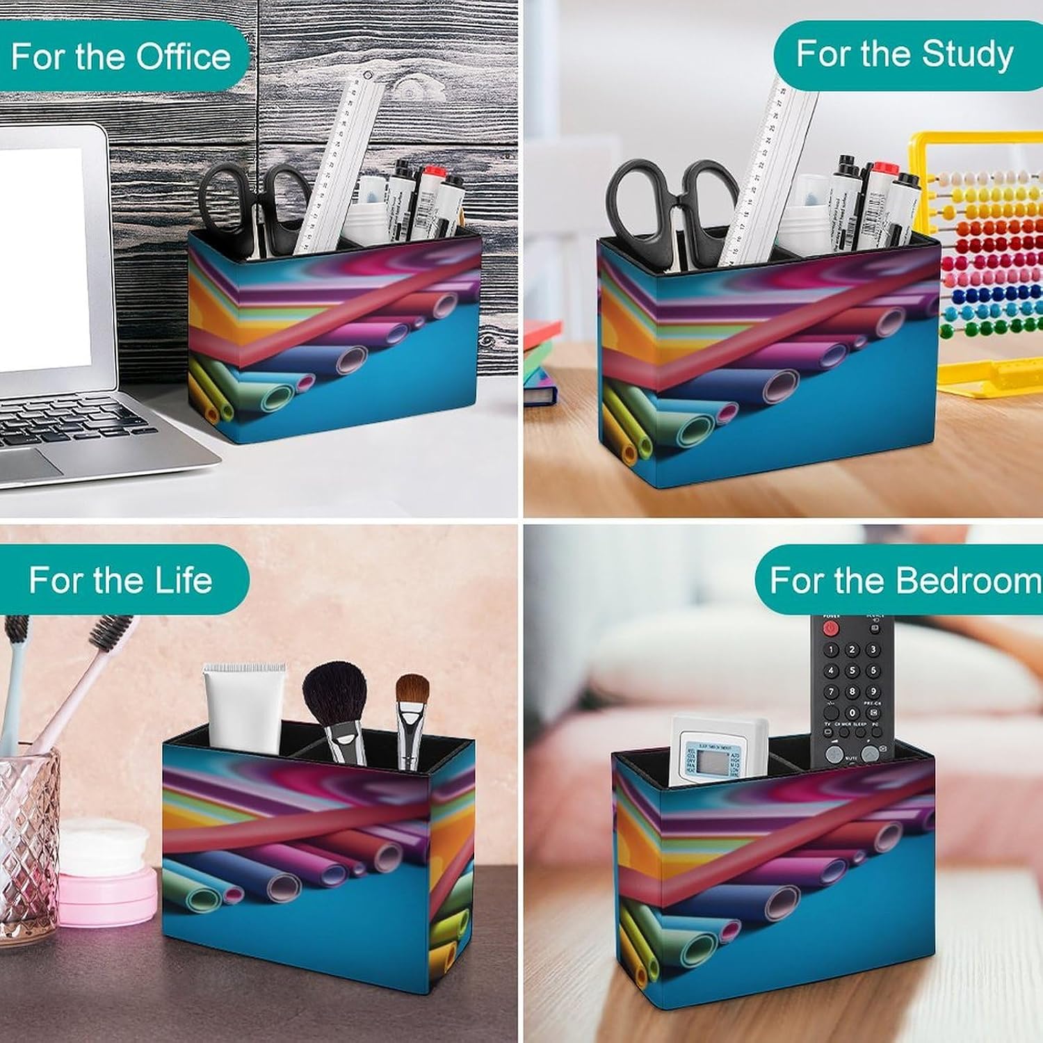 PU Leather Pen Holder with 2 Slots Colorful Paper Roll Desk Organizer image 4