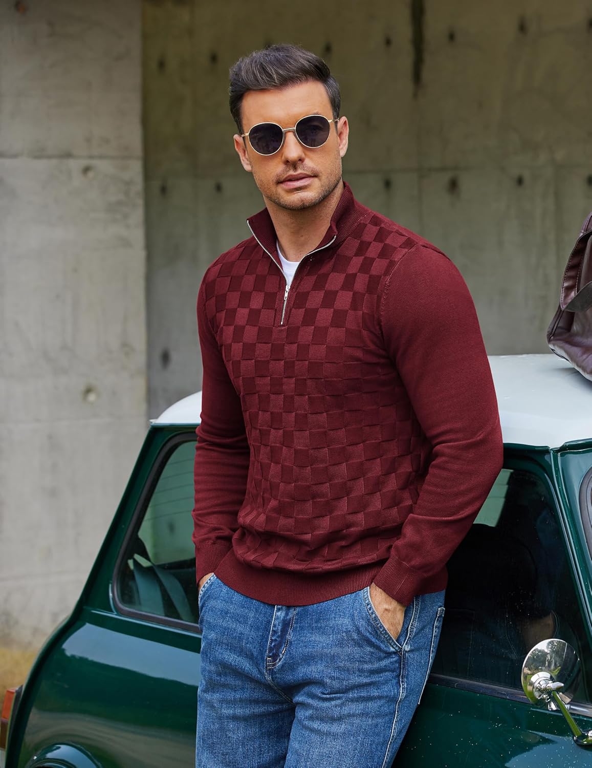 COOFANDY Quarter Zip Pullover Men Dress Sweaters Long Sleeve Jacquard Checkered Sweater